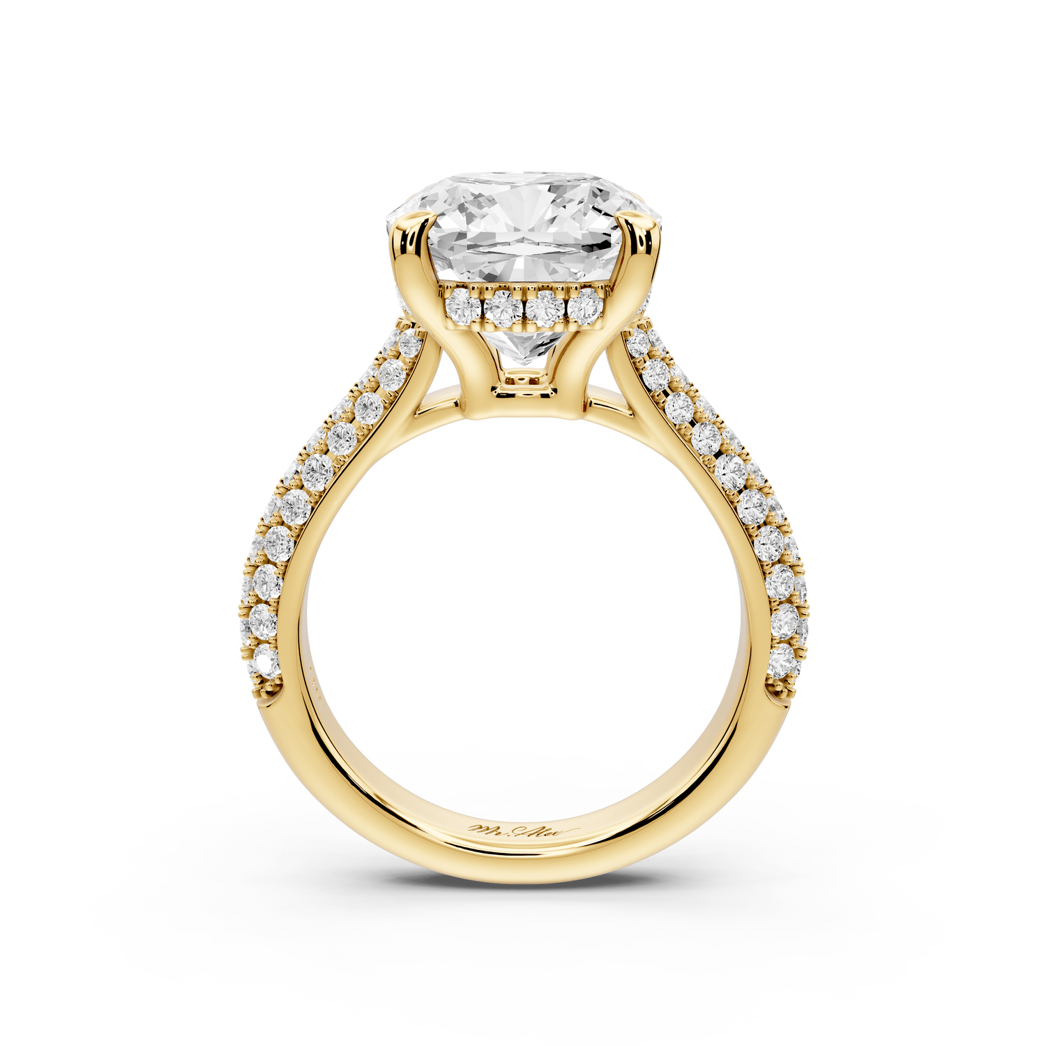 Camille - 5ct 18k yellow gold cushion Diamond hidden halo rollover pave cathedral engagement ring - Mr. Alex Jewelry