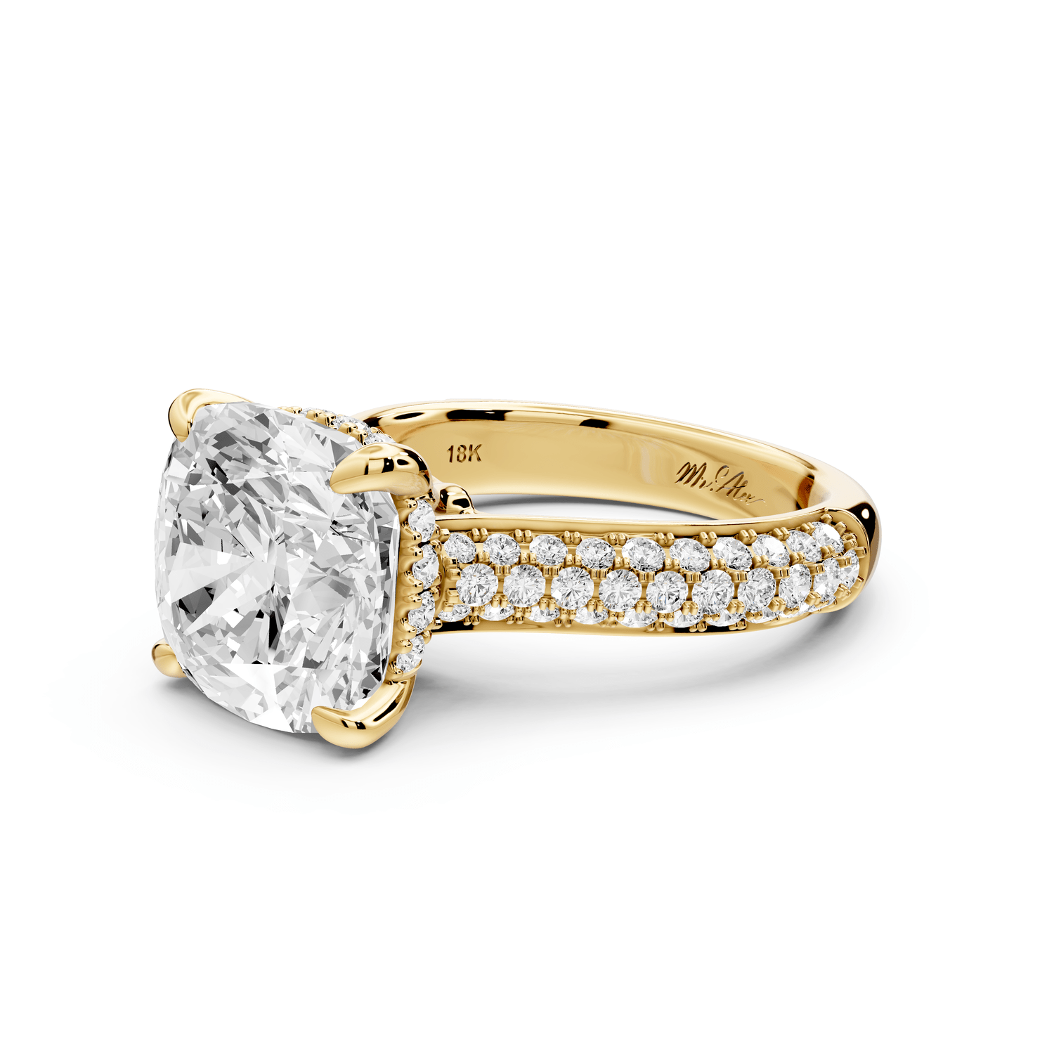 Camille - 5ct 18k yellow gold cushion Diamond hidden halo rollover pave cathedral engagement ring - Mr. Alex Jewelry