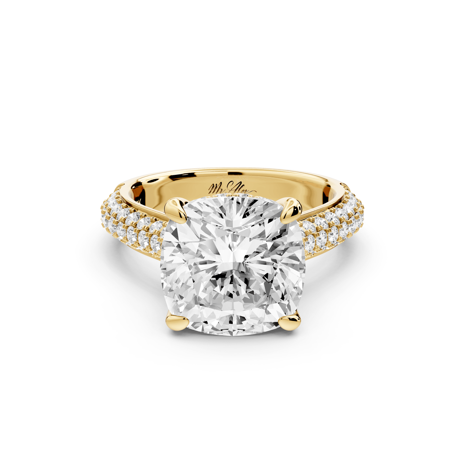 Camille - 5ct 18k yellow gold cushion Diamond hidden halo rollover pave cathedral engagement ring - Mr. Alex Jewelry