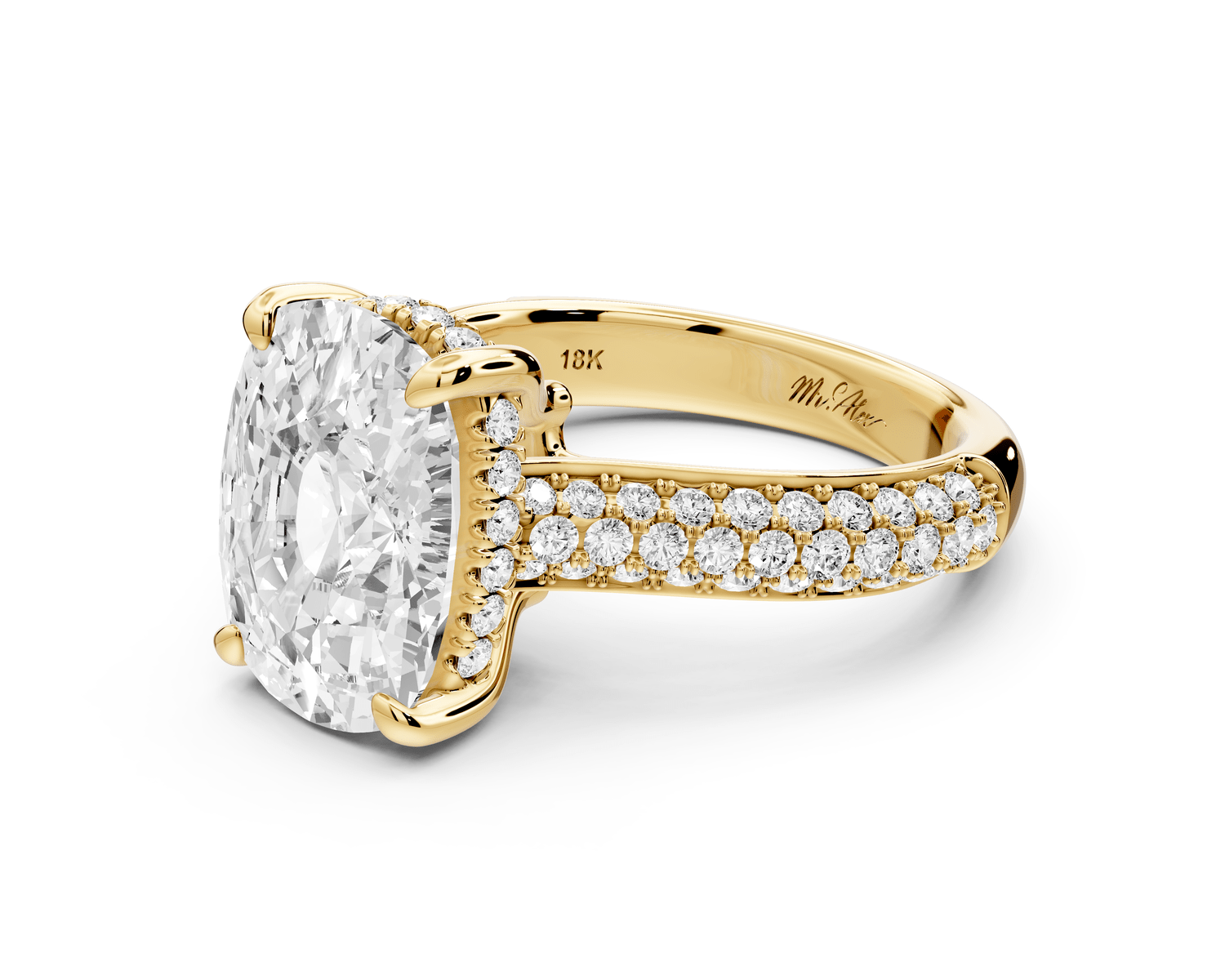 Camille - 5ct 18k yellow gold ecushion Diamond hidden halo rollover pave cathedral engagement ring - Mr. Alex Jewelry