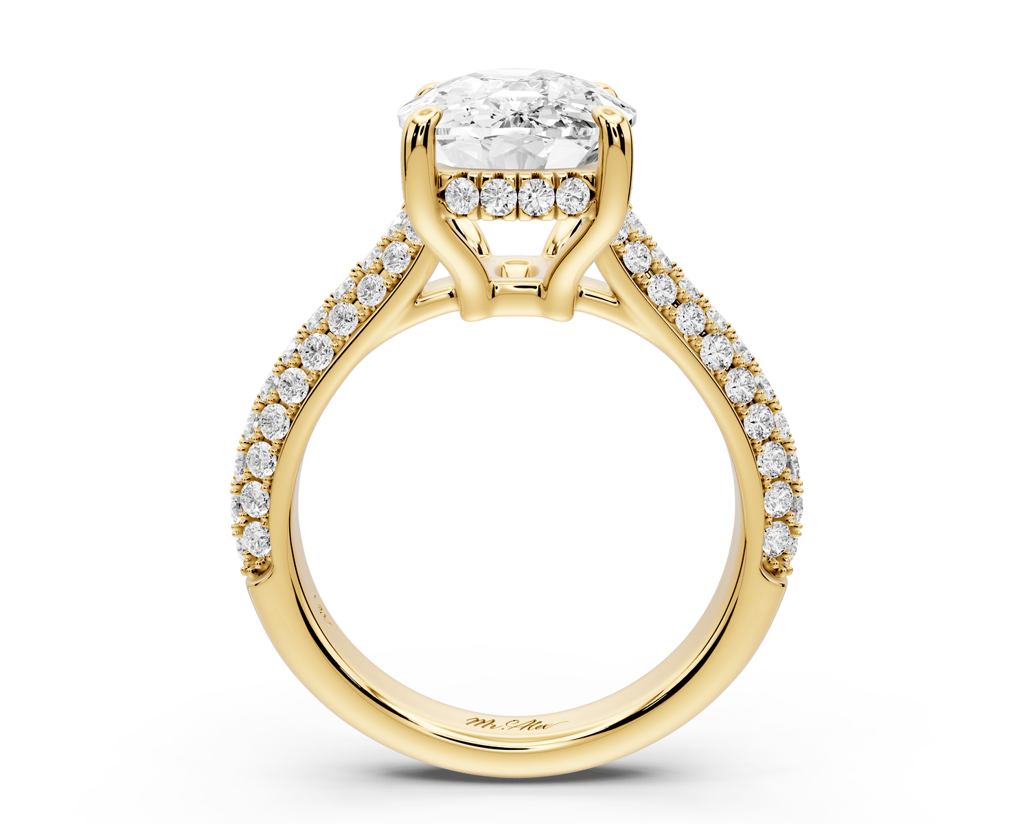 Camille - 5ct 18k yellow gold ecushion Diamond hidden halo rollover pave cathedral engagement ring - Mr. Alex Jewelry