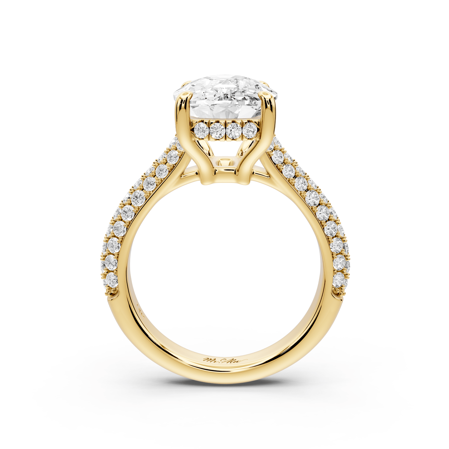 Camille - 5ct 18k yellow gold ecushion Diamond hidden halo rollover pave cathedral engagement ring - Mr. Alex Jewelry