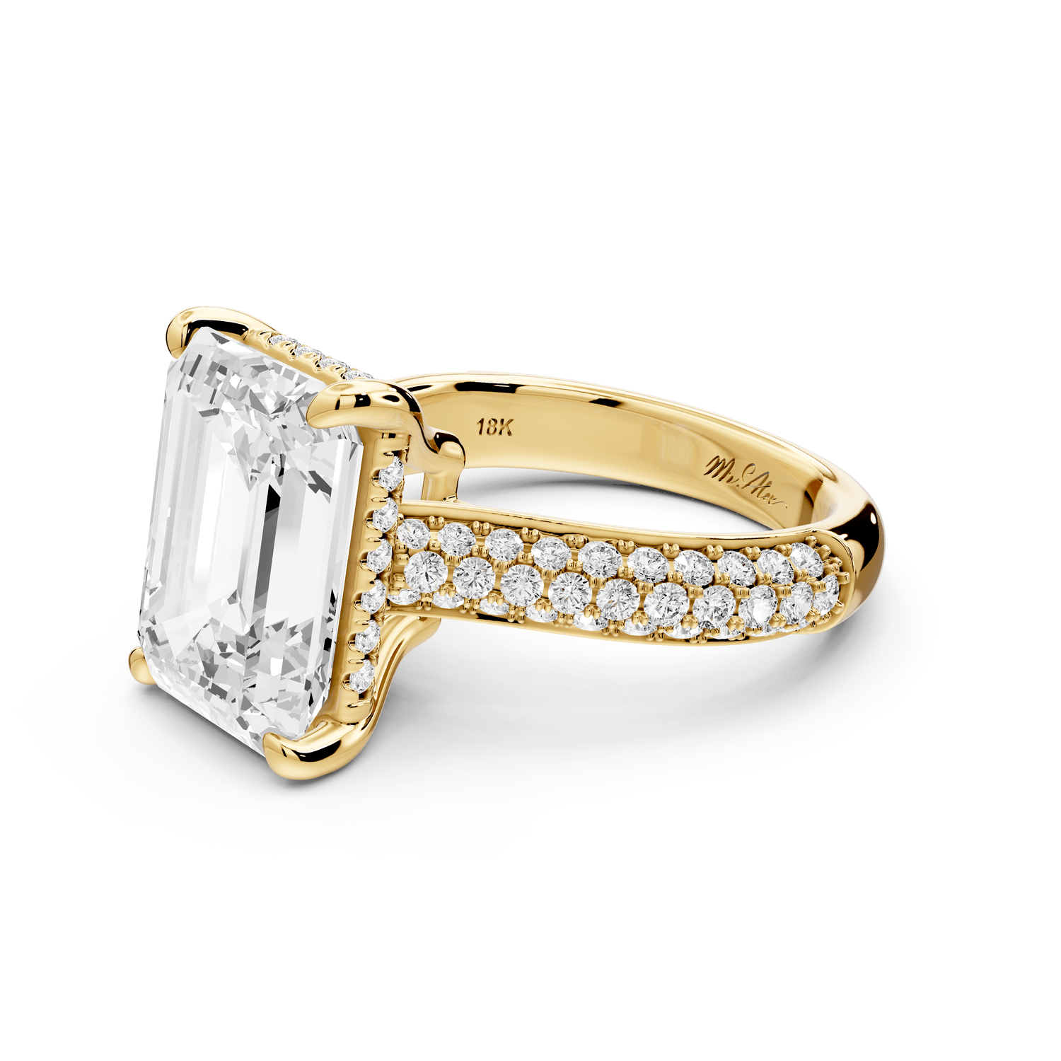 Camille - 5ct 18k yellow gold emerald Diamond hidden halo rollover pave cathedral Engagement ring - Mr. Alex Jewelry