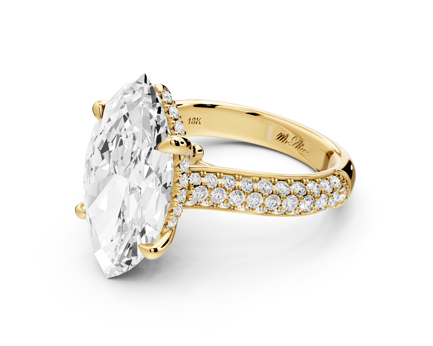 Camille - 5ct 18k yellow gold marquise Diamond hidden halo rollover pave cathedral engagement ring - Mr. Alex Jewelry