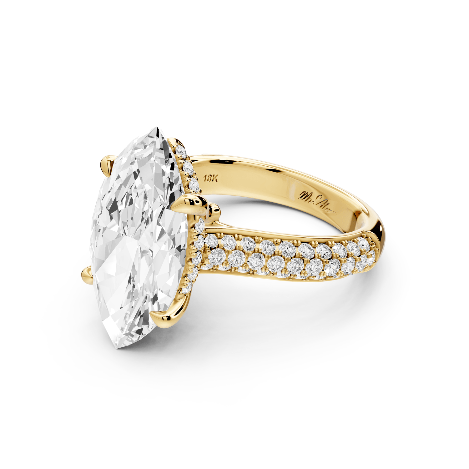 Camille - 5ct 18k yellow gold marquise Diamond hidden halo rollover pave cathedral engagement ring - Mr. Alex Jewelry