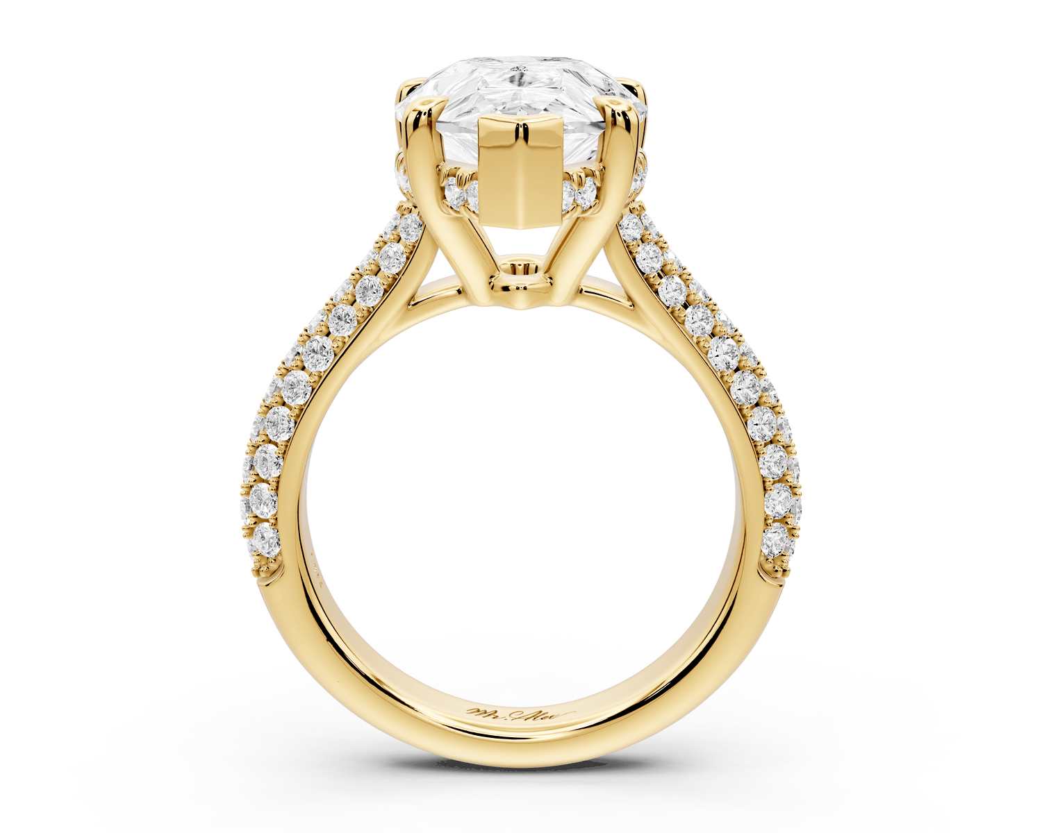 Camille - 5ct 18k yellow gold pear Diamond hidden halo rollover pave cathedral Engagement ring - Mr. Alex Jewelry