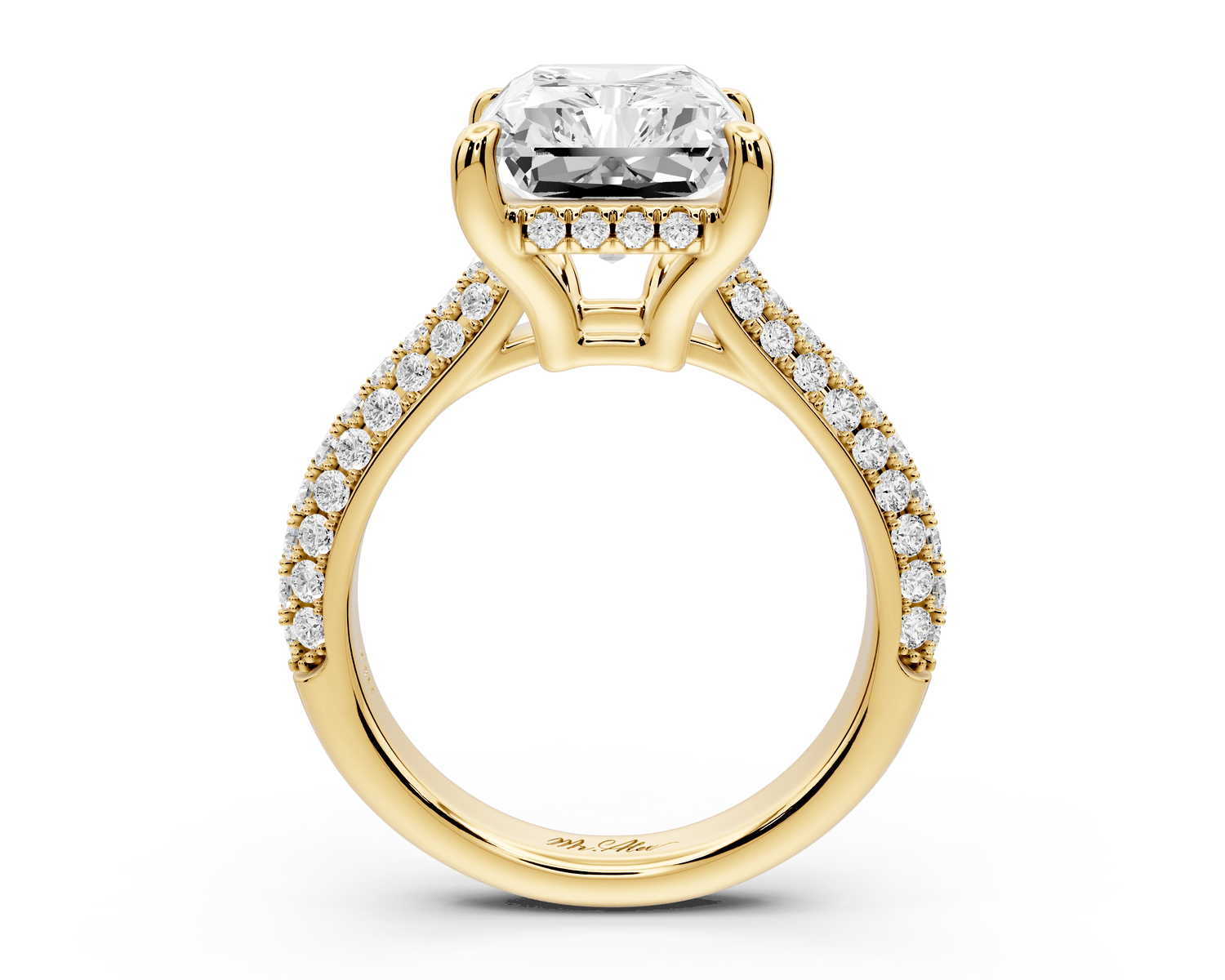 Camille - 5ct 18k yellow gold radiant Diamond hidden halo rollover pave cathedral engagement ring - Mr. Alex Jewelry