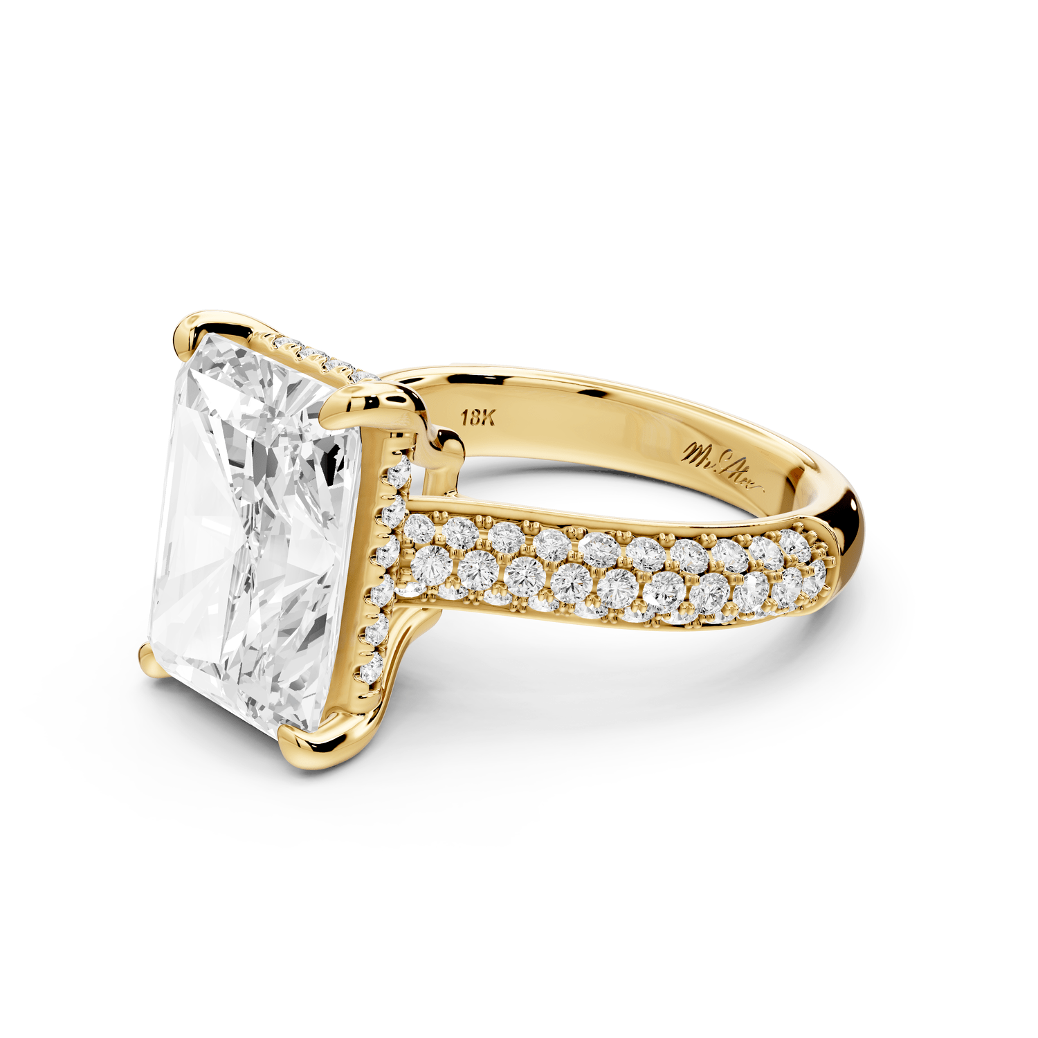 Camille - 5ct 18k yellow gold radiant Diamond hidden halo rollover pave cathedral engagement ring - Mr. Alex Jewelry