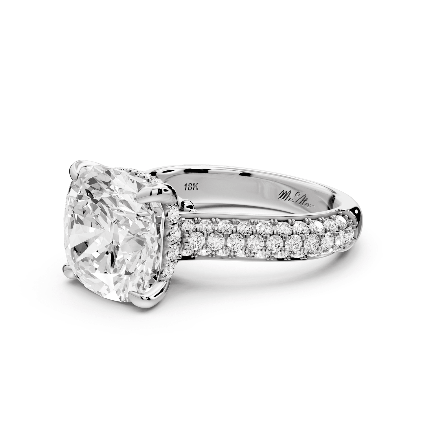 Camille - 5ct platinum cushion Diamond hidden halo rollover pave cathedral engagement ring - Mr. Alex Jewelry