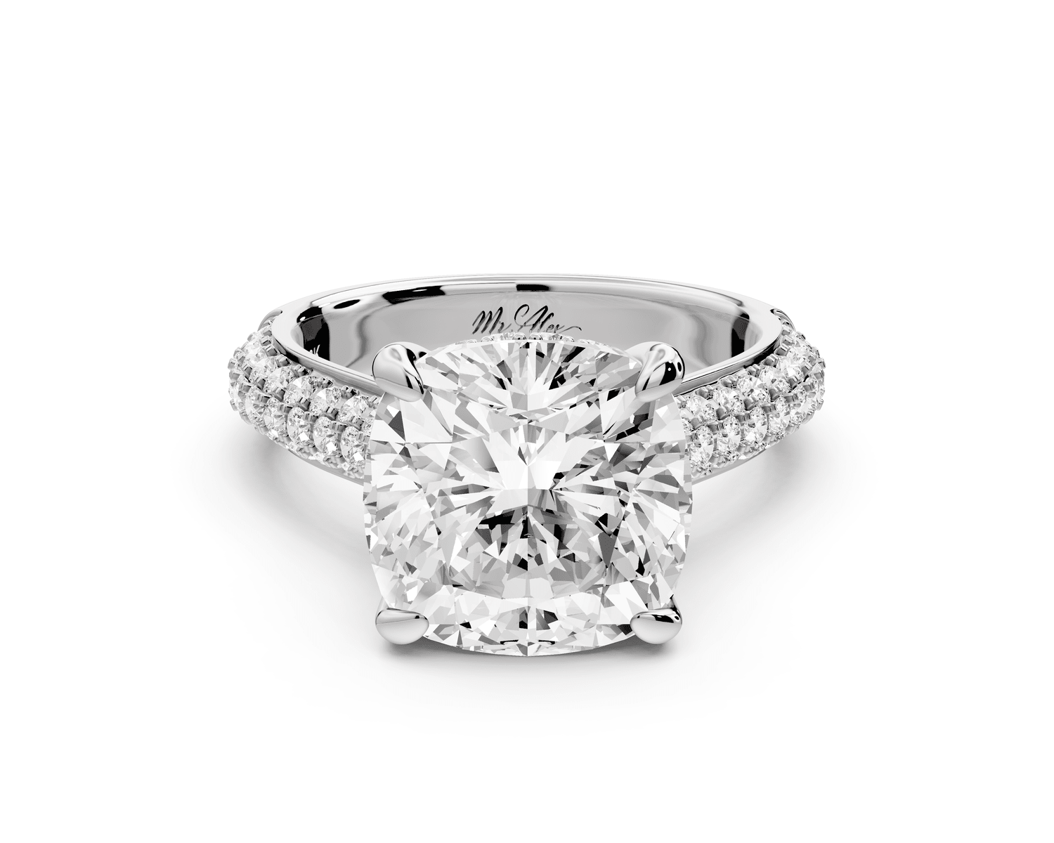 Camille - 5ct platinum cushion Diamond hidden halo rollover pave cathedral engagement ring - Mr. Alex Jewelry