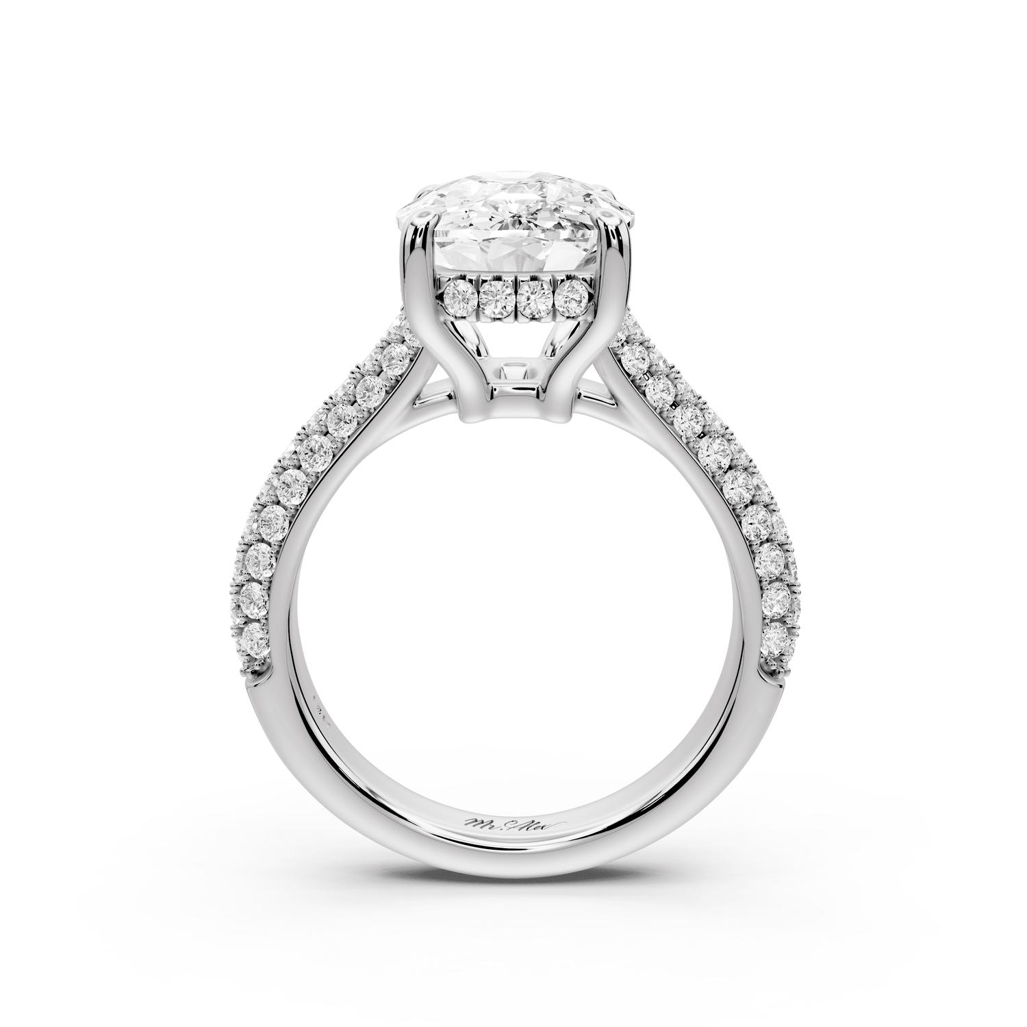 Camille - 5ct platinum ecushion Diamond hidden halo rollover pave cathedral engagement ring - Mr. Alex Jewelry