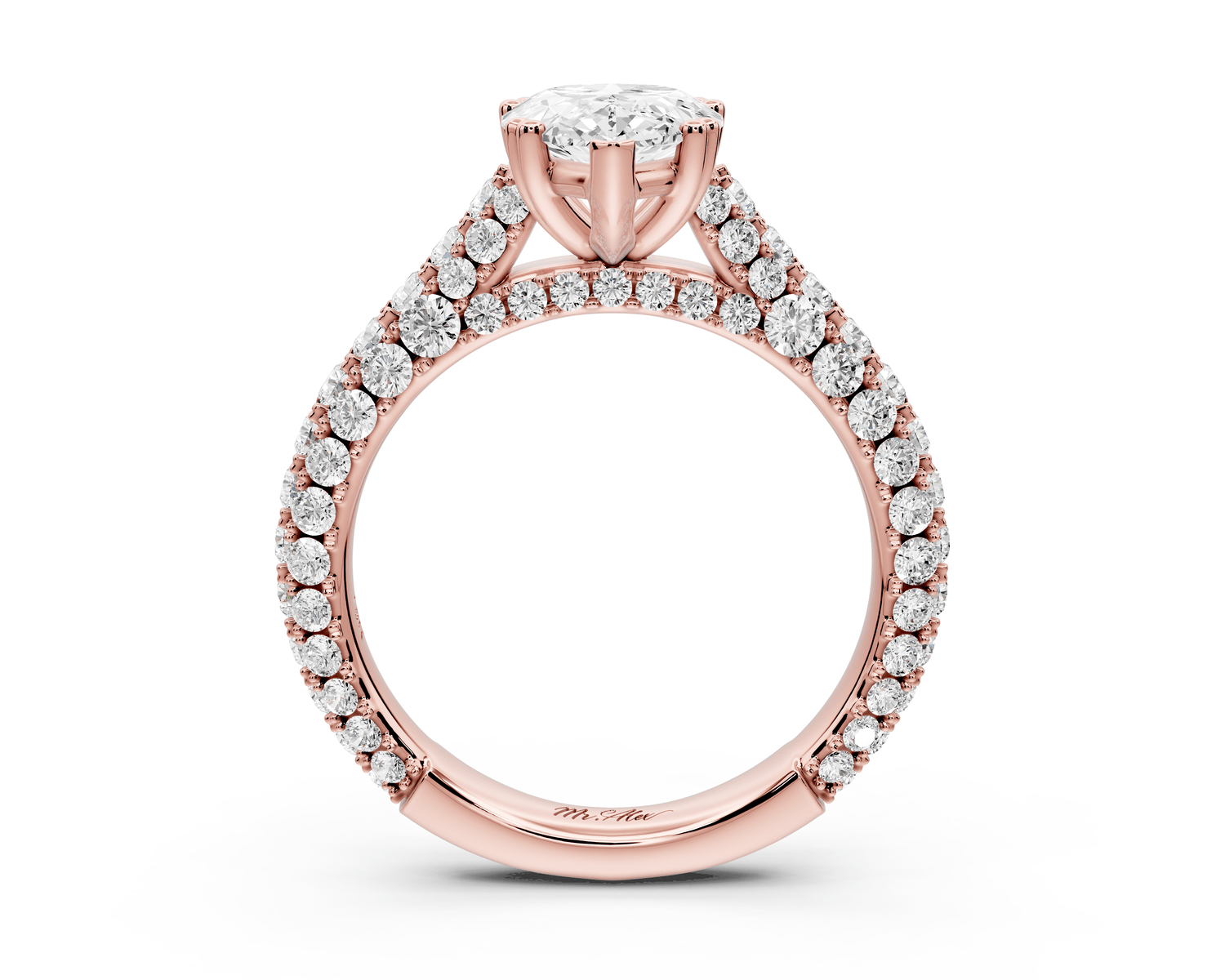 Clarissa - 2ct 14k rose gold pear Diamond double talon prongs with a diamond bridge rollover pave cathedral engagment ring - Mr. Alex Jewelry