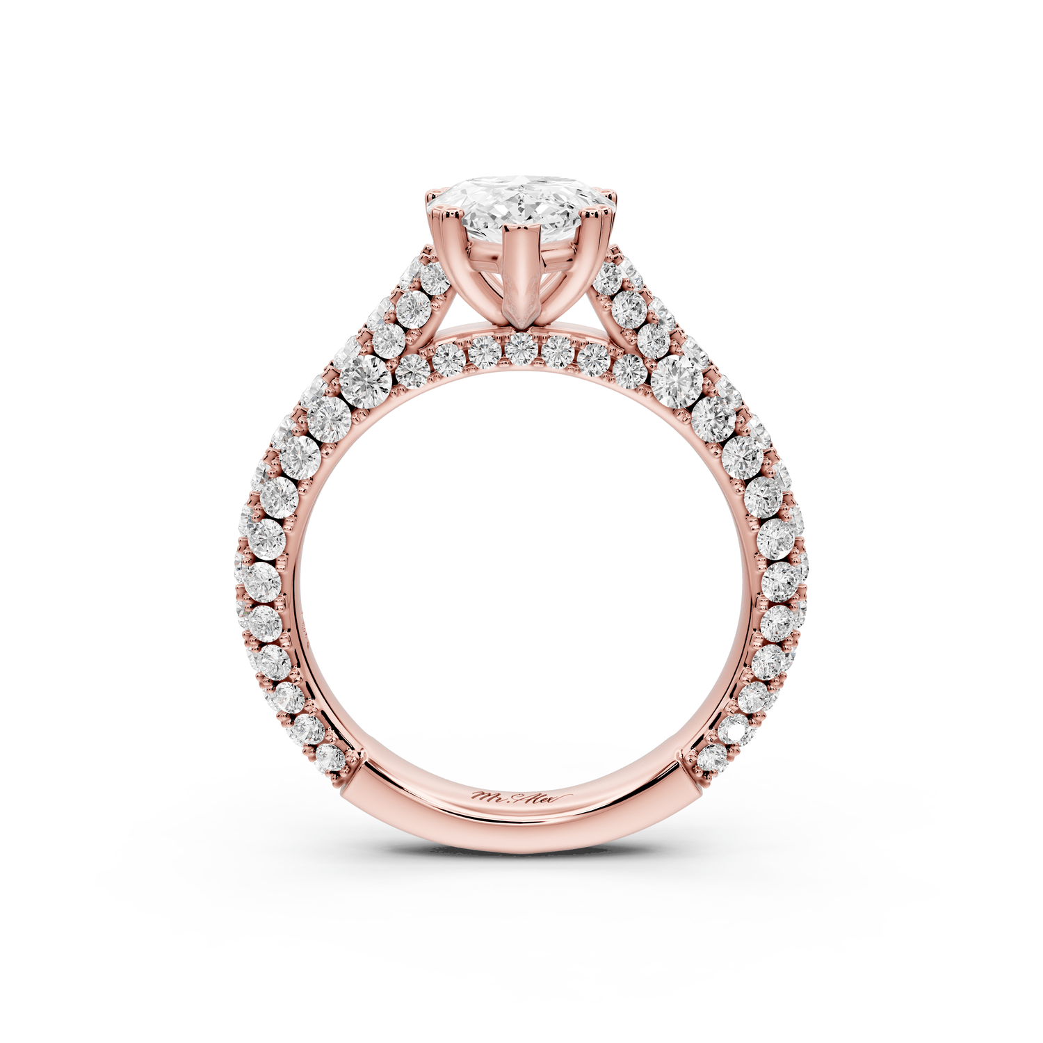 Clarissa - 2ct 14k rose gold pear Diamond double talon prongs with a diamond bridge rollover pave cathedral engagment ring - Mr. Alex Jewelry