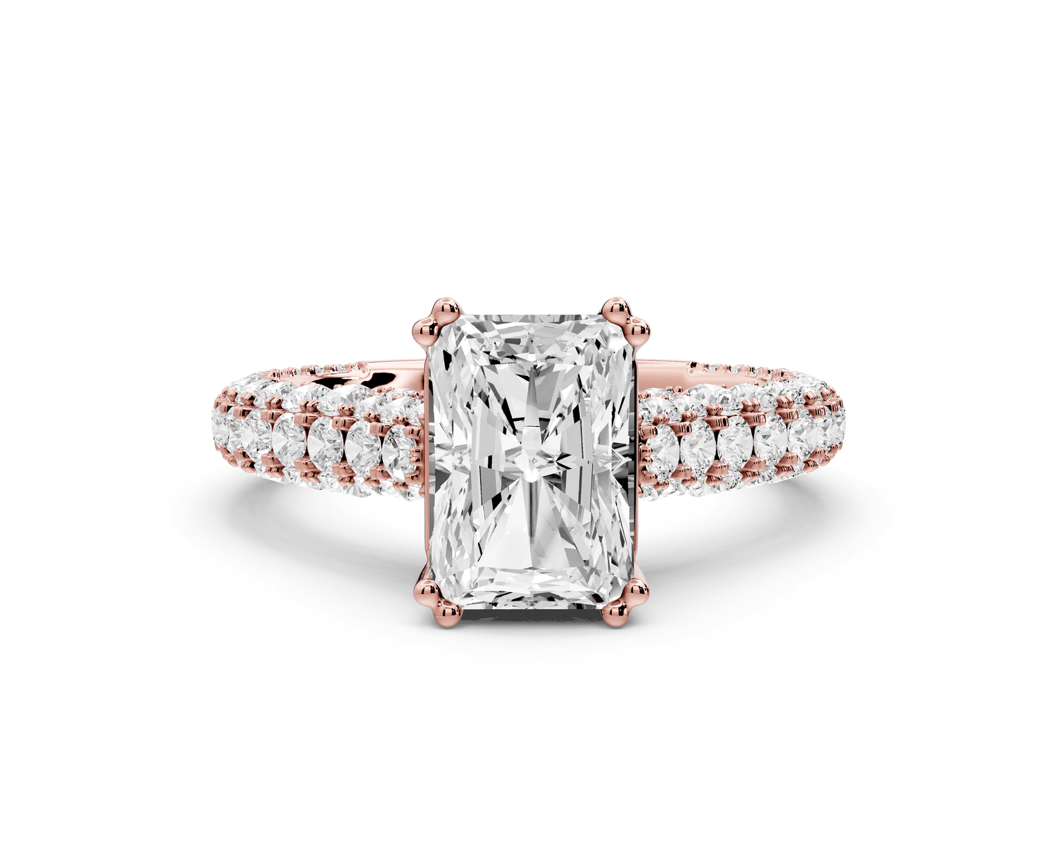 Clarissa - 2ct 18k rose gold emerald Diamond double talon prongs with a diamond bridge rollover pave cathedral engagment ring - Mr. Alex Jewelry