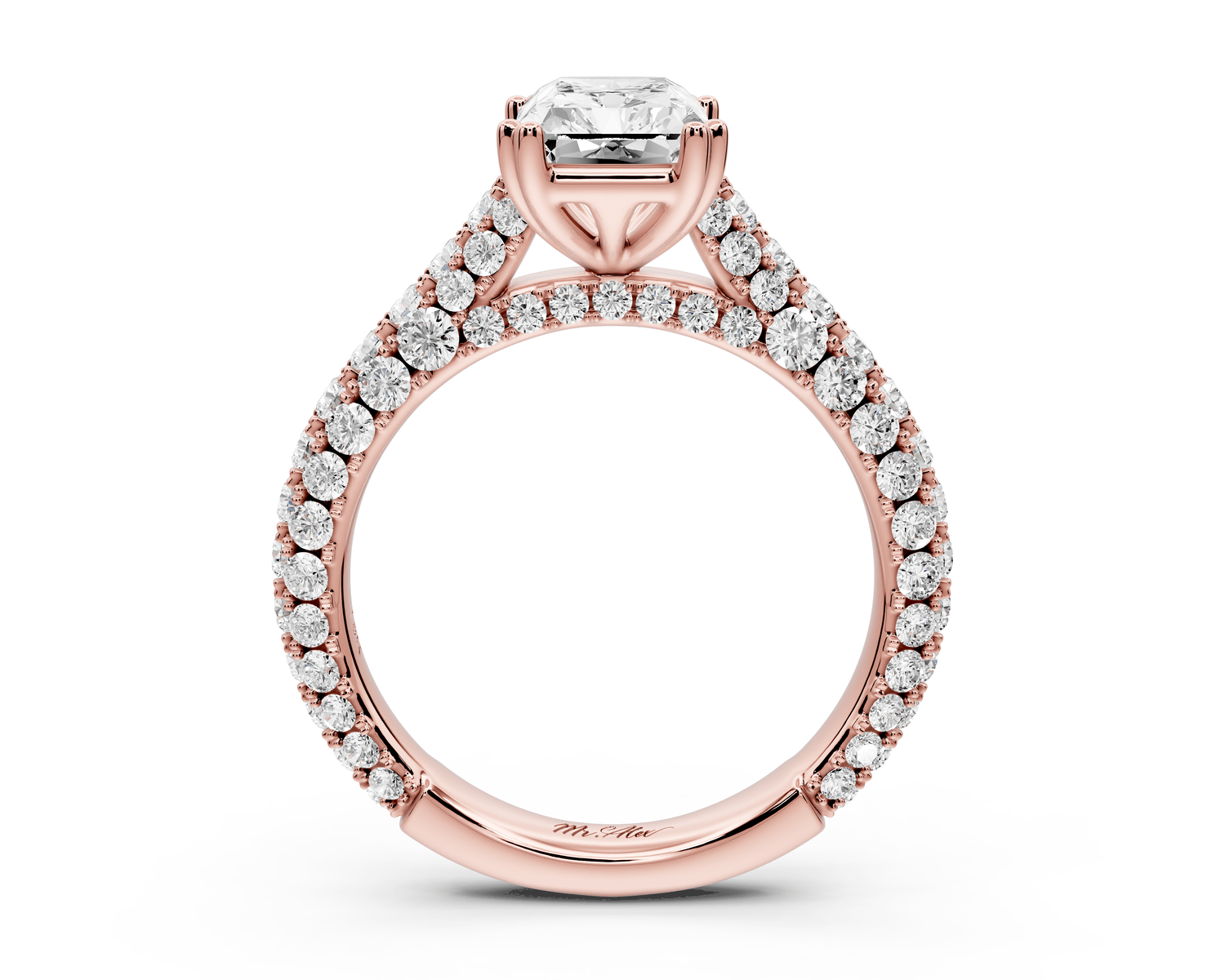 Clarissa - 2ct 18k rose gold emerald Diamond double talon prongs with a diamond bridge rollover pave cathedral engagment ring - Mr. Alex Jewelry