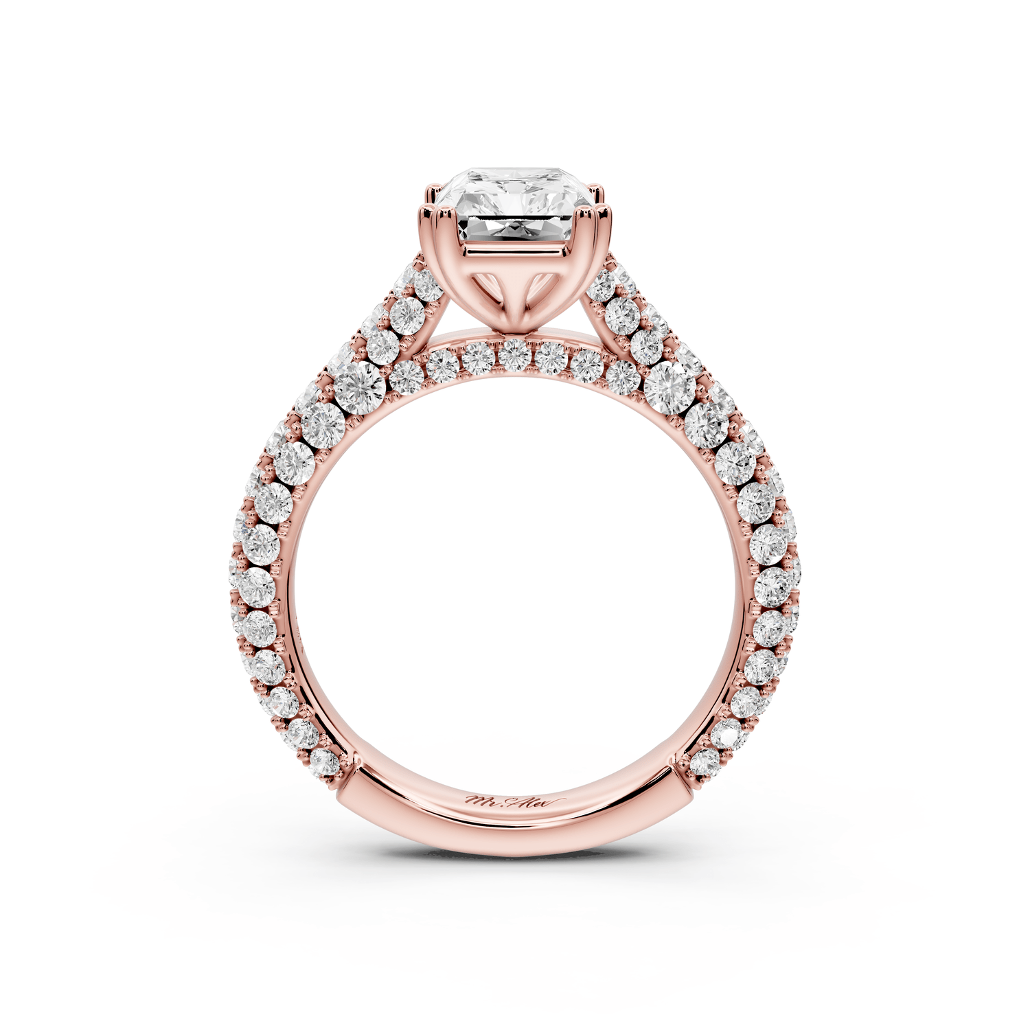 Clarissa - 2ct 18k rose gold emerald Diamond double talon prongs with a diamond bridge rollover pave cathedral engagment ring - Mr. Alex Jewelry