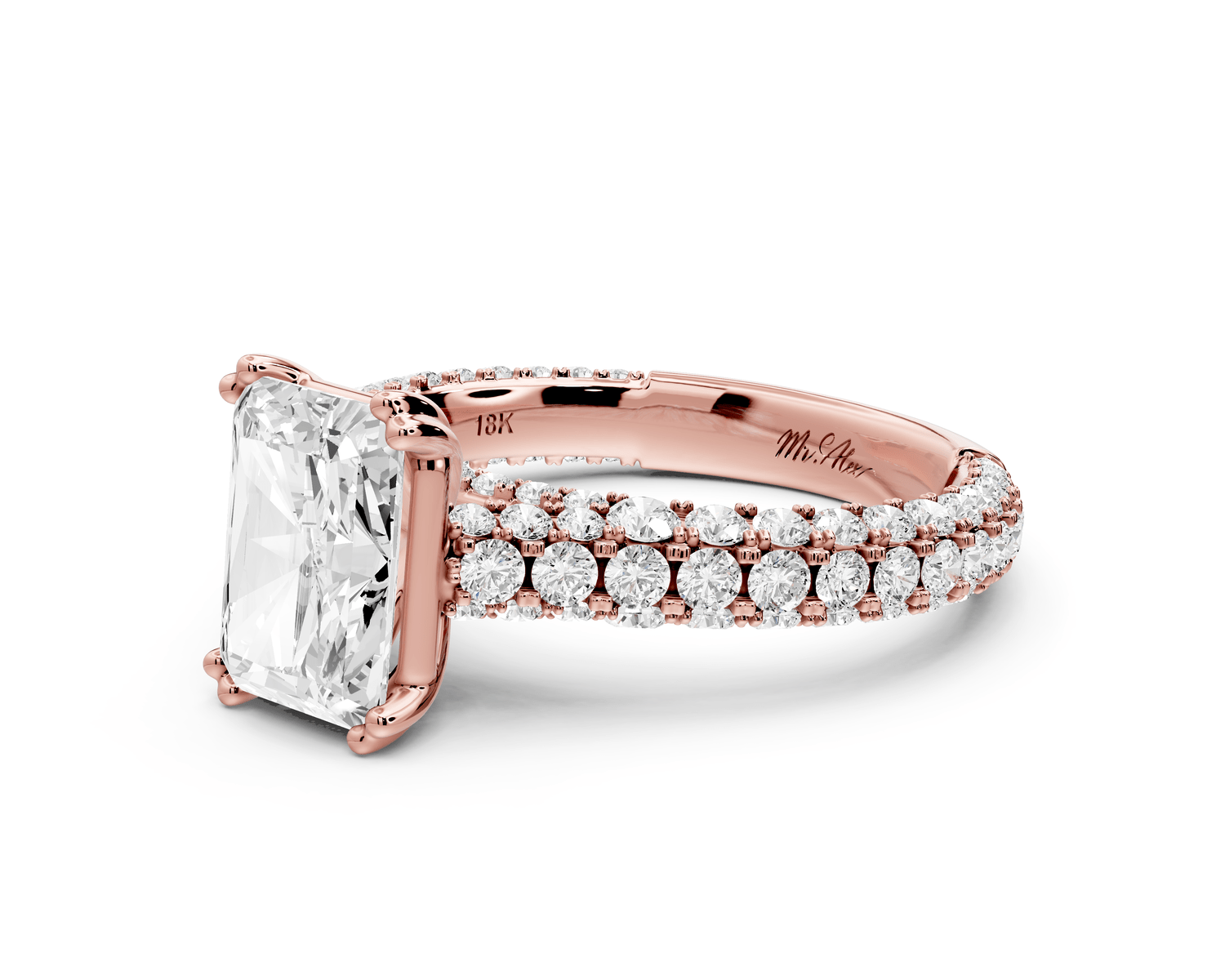 Clarissa - 2ct 18k rose gold emerald Diamond double talon prongs with a diamond bridge rollover pave cathedral engagment ring - Mr. Alex Jewelry