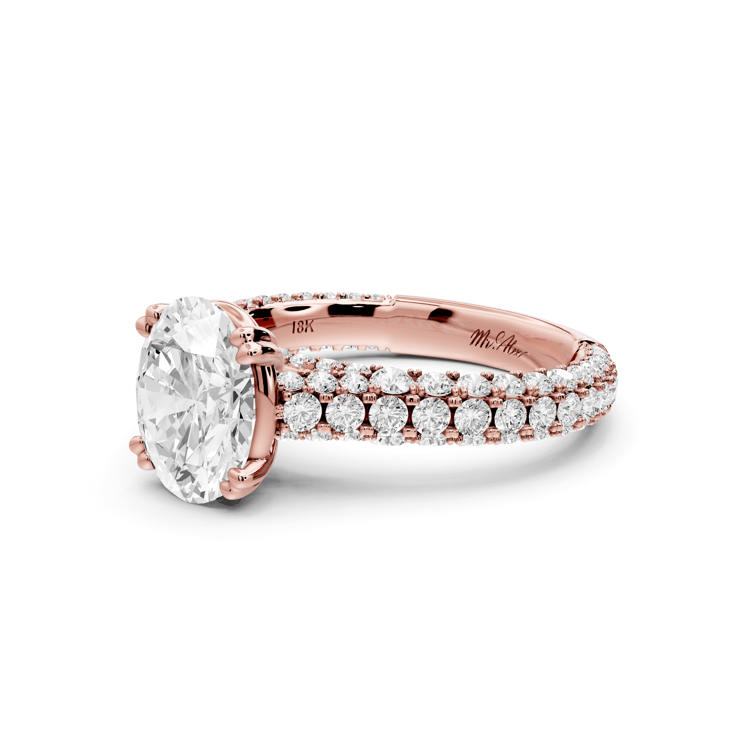 Clarissa - 2ct 18k rose gold oval Diamond double talon prongs with a diamond bridge rollover pave cathedral engagment ring - Mr. Alex Jewelry