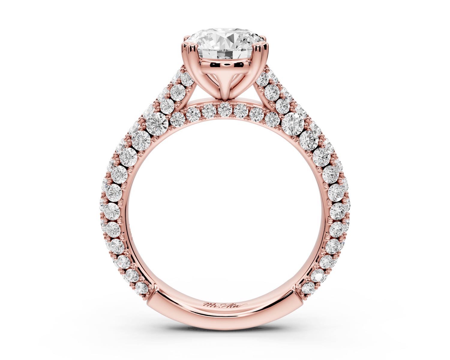 Clarissa - 2ct 18k rose gold oval Diamond double talon prongs with a diamond bridge rollover pave cathedral engagment ring - Mr. Alex Jewelry