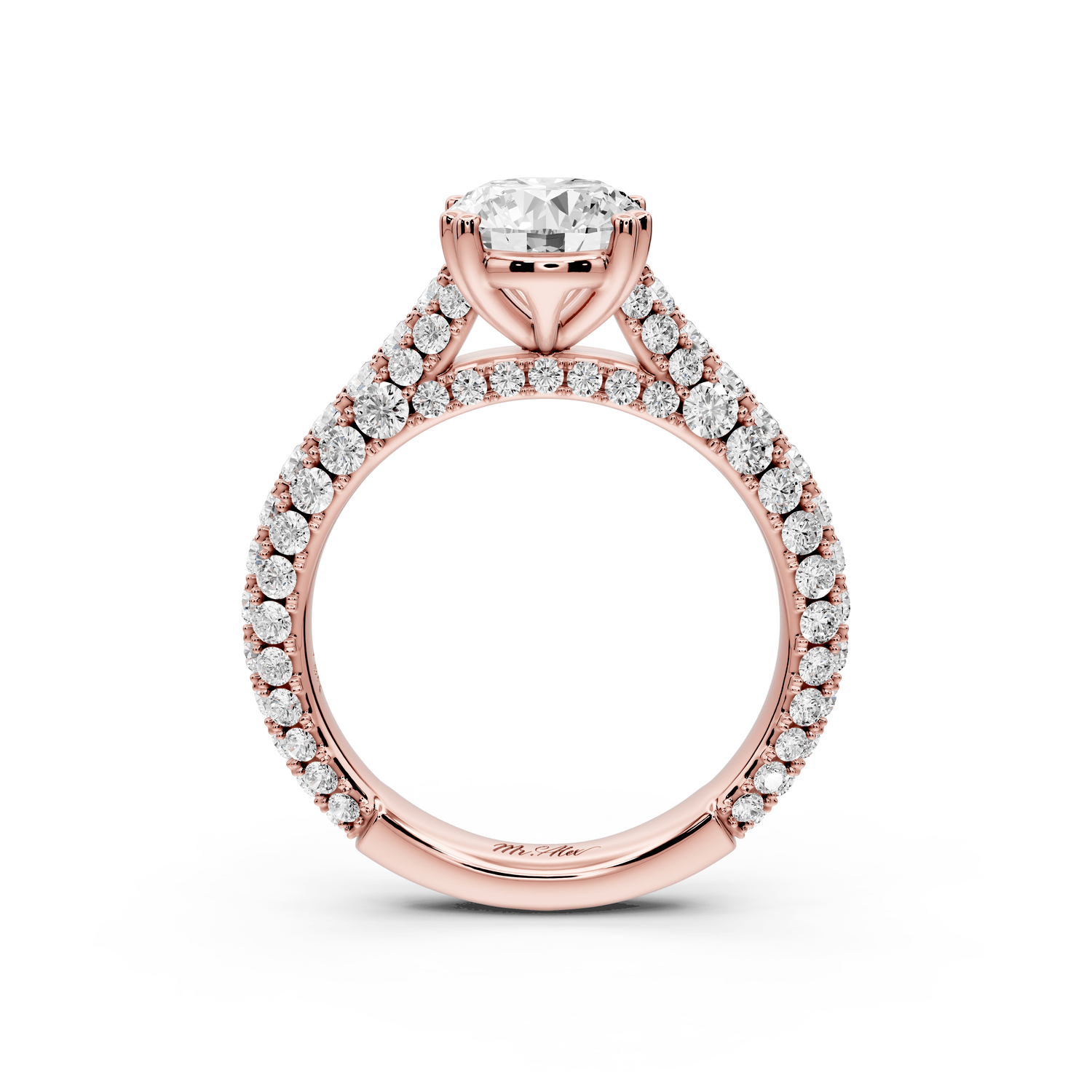 Clarissa - 2ct 18k rose gold oval Diamond double talon prongs with a diamond bridge rollover pave cathedral engagment ring - Mr. Alex Jewelry