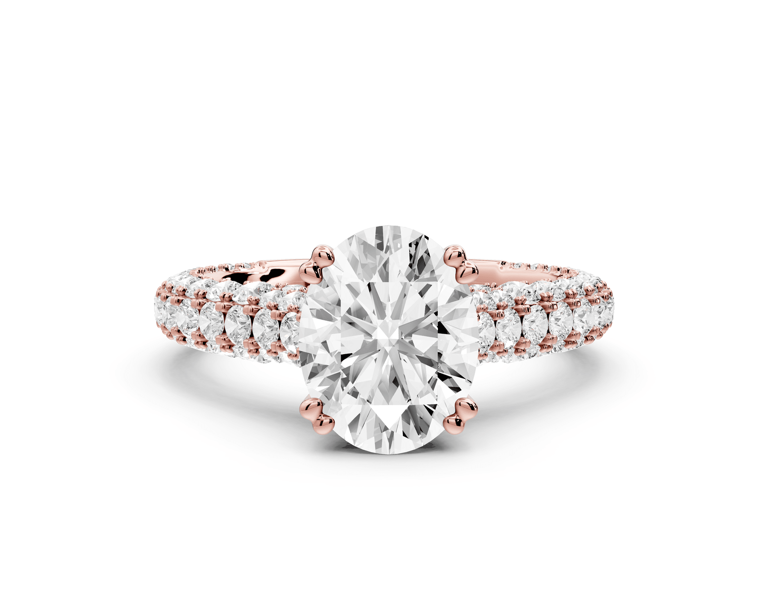 Clarissa - 2ct 18k rose gold oval Diamond double talon prongs with a diamond bridge rollover pave cathedral engagment ring - Mr. Alex Jewelry