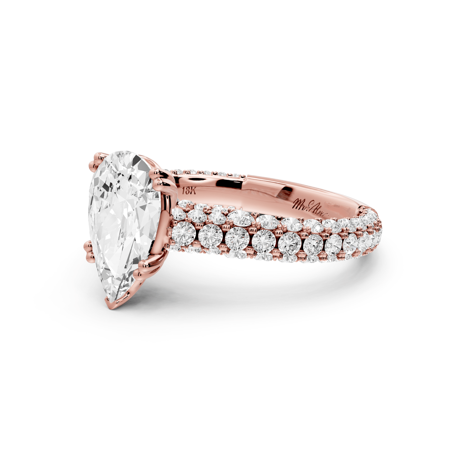 Clarissa - 2ct 18k rose gold pear Diamond double talon prongs with a diamond bridge rollover pave cathedral engagment ring - Mr. Alex Jewelry