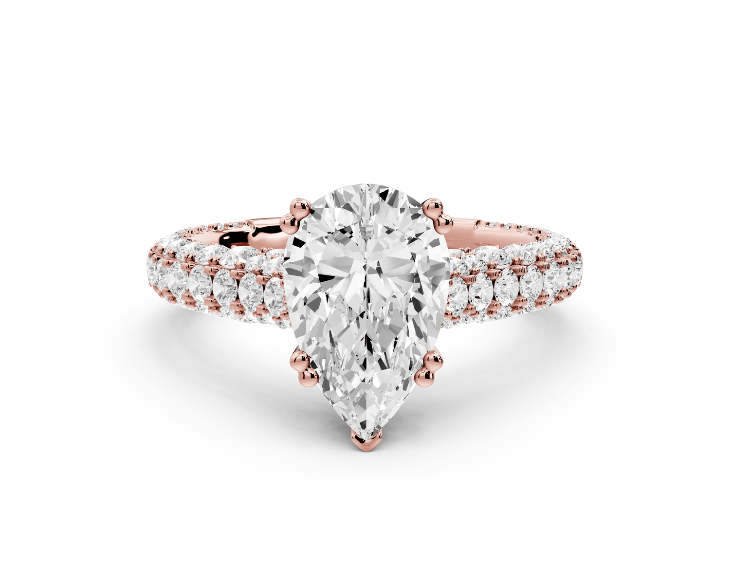 Clarissa - 2ct 18k rose gold pear Diamond double talon prongs with a diamond bridge rollover pave cathedral engagment ring - Mr. Alex Jewelry