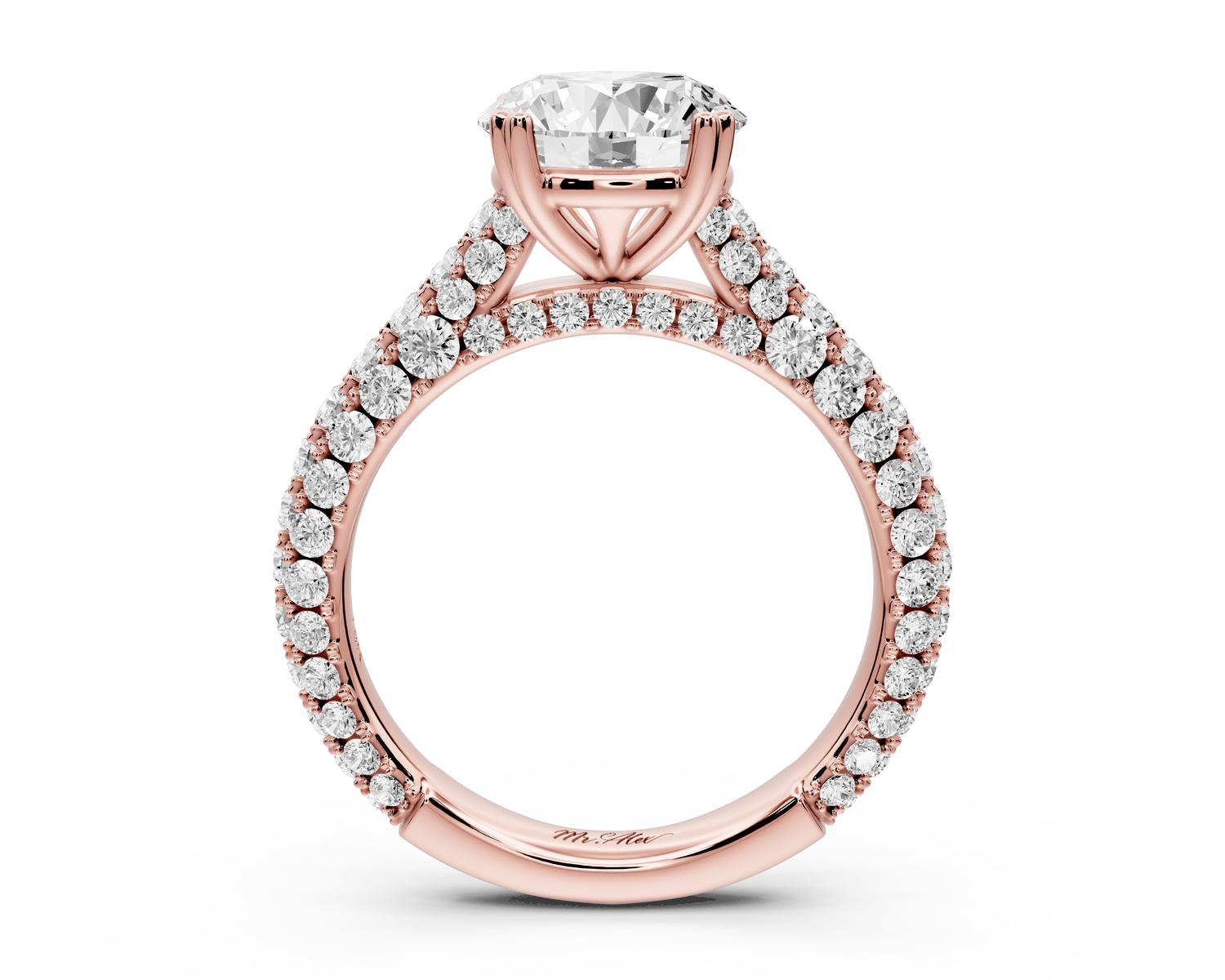 Clarissa - 2ct 18k rose gold round Diamond double talon prongs with a diamond bridge rollover pave cathedral engagment ring - Mr. Alex Jewelry