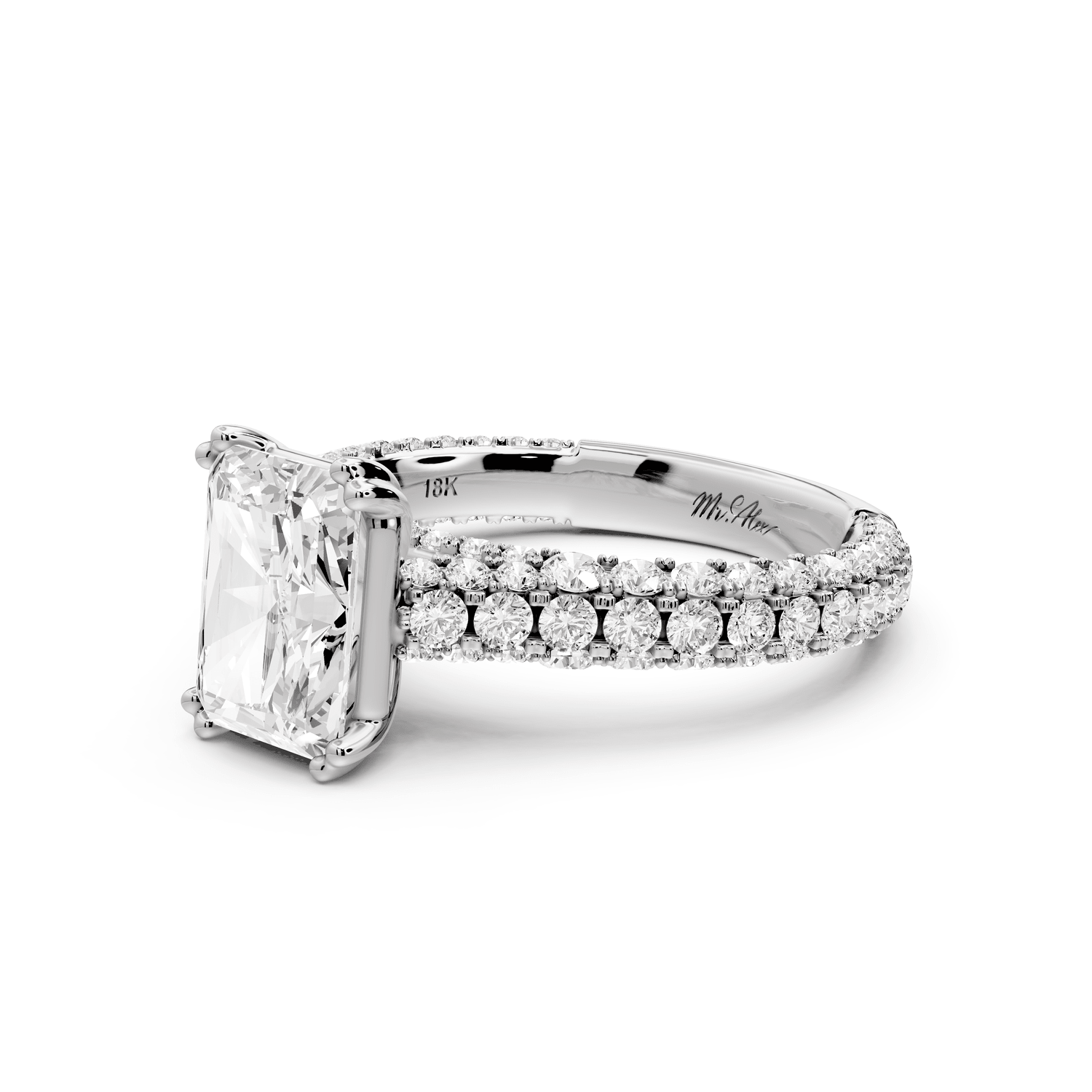 Clarissa - 2ct 18k white gold emerald Diamond double talon prongs with a diamond bridge rollover pave cathedral engagment ring - Mr. Alex Jewelry