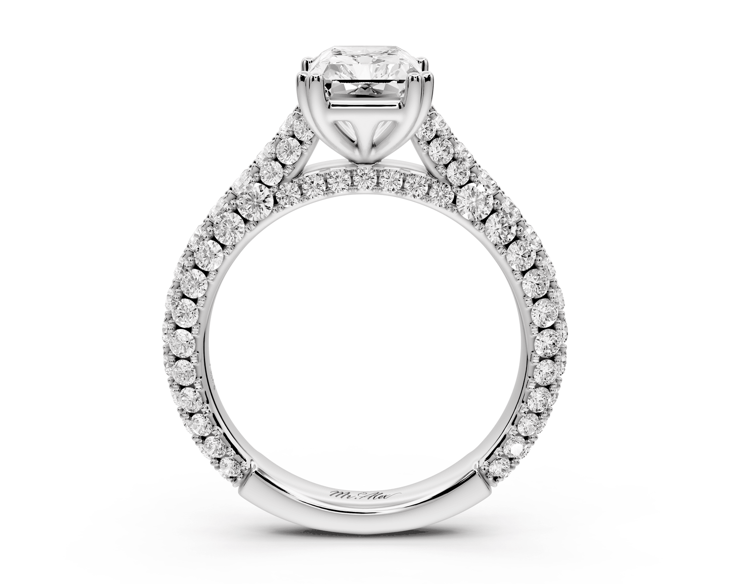 Clarissa - 2ct 18k white gold emerald Diamond double talon prongs with a diamond bridge rollover pave cathedral engagment ring - Mr. Alex Jewelry