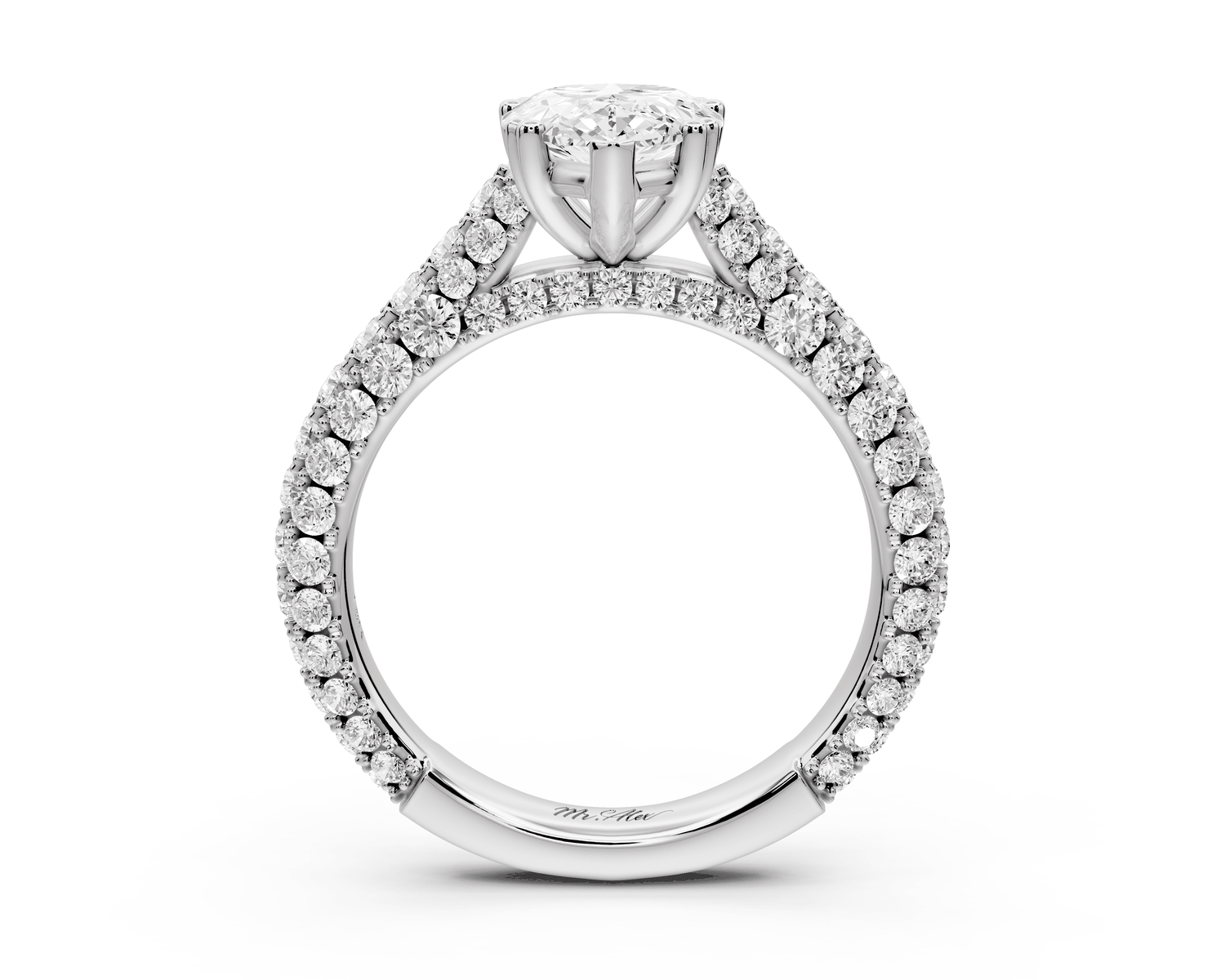 Clarissa - 2ct 18k white gold pear Diamond double talon prongs with a diamond bridge rollover pave cathedral engagment ring - Mr. Alex Jewelry