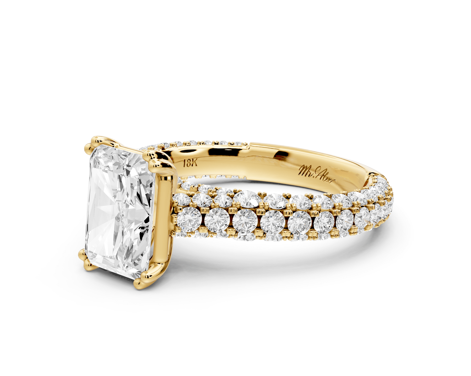 Clarissa - 2ct 18k yellow gold emerald Diamond double talon prongs with a diamond bridge rollover pave cathedral engagment ring - Mr. Alex Jewelry