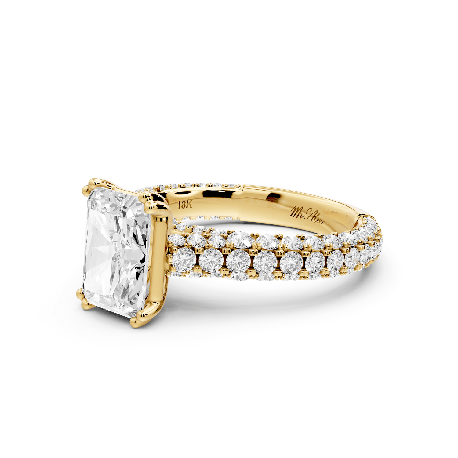Clarissa - 2ct 18k yellow gold emerald Diamond double talon prongs with a diamond bridge rollover pave cathedral engagment ring - Mr. Alex Jewelry