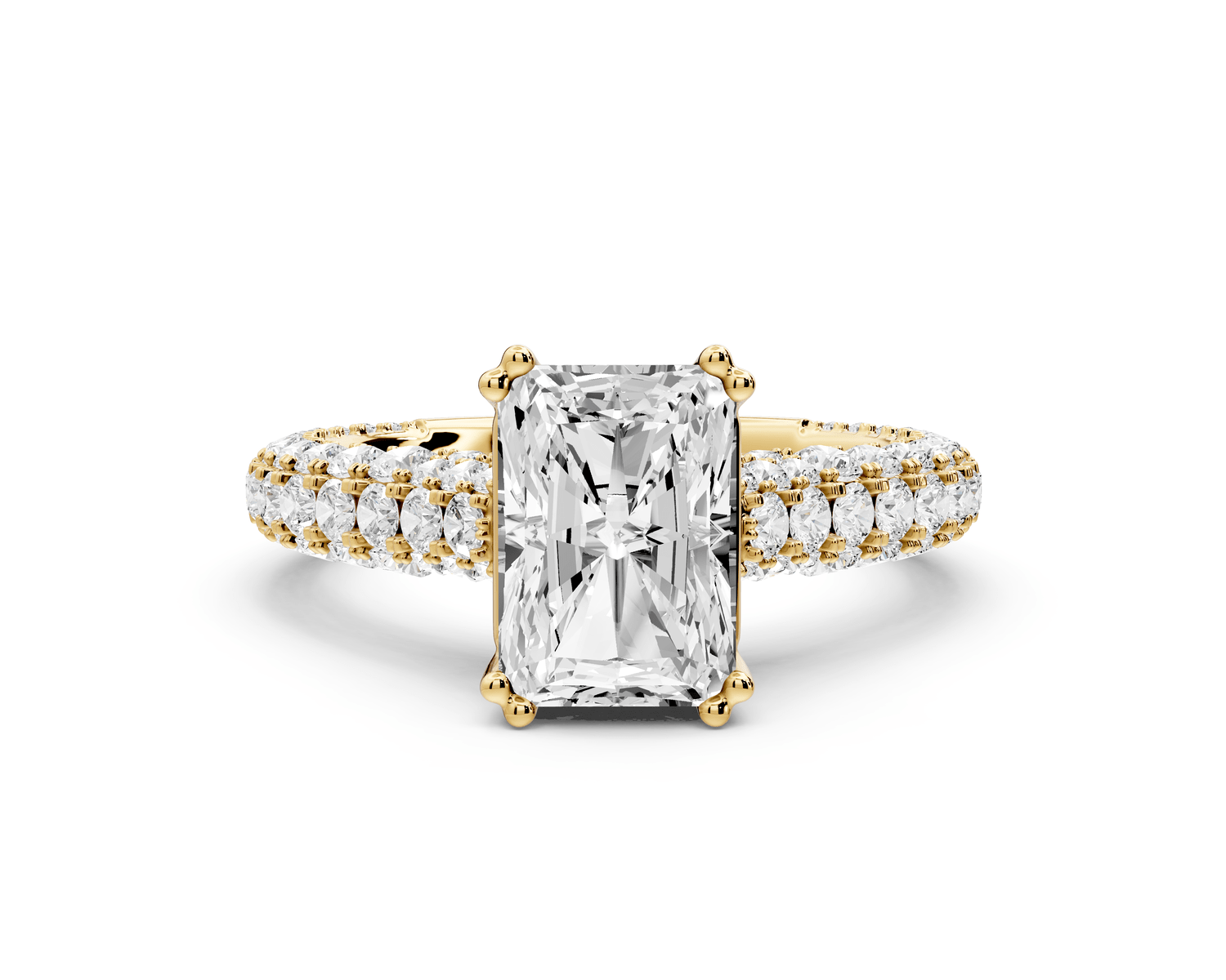 Clarissa - 2ct 18k yellow gold emerald Diamond double talon prongs with a diamond bridge rollover pave cathedral engagment ring - Mr. Alex Jewelry