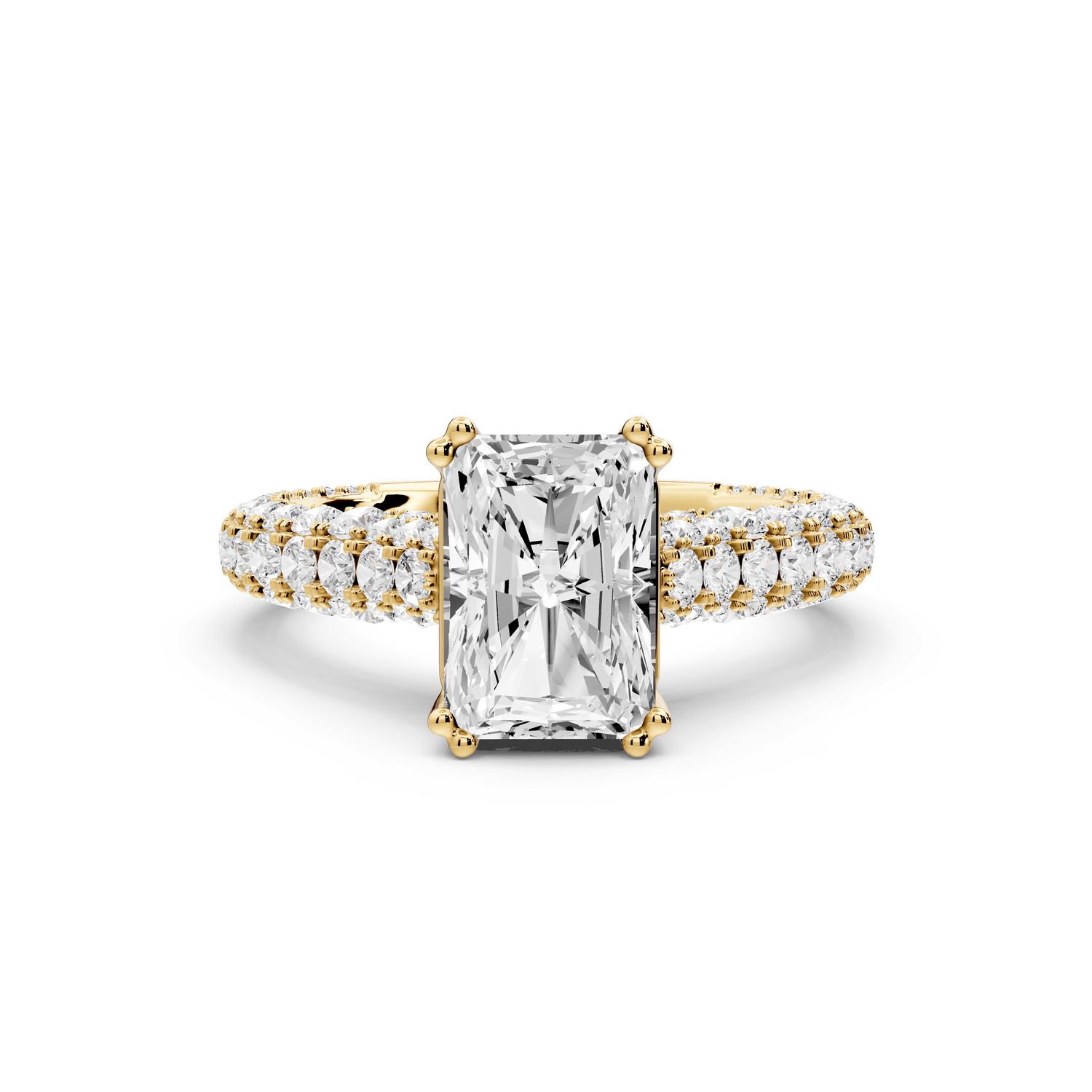 Clarissa - 2ct 18k yellow gold emerald Diamond double talon prongs with a diamond bridge rollover pave cathedral engagment ring - Mr. Alex Jewelry