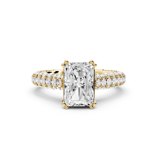 Clarissa - 2ct 18k yellow gold emerald Diamond double talon prongs with a diamond bridge rollover pave cathedral engagment ring - Mr. Alex Jewelry