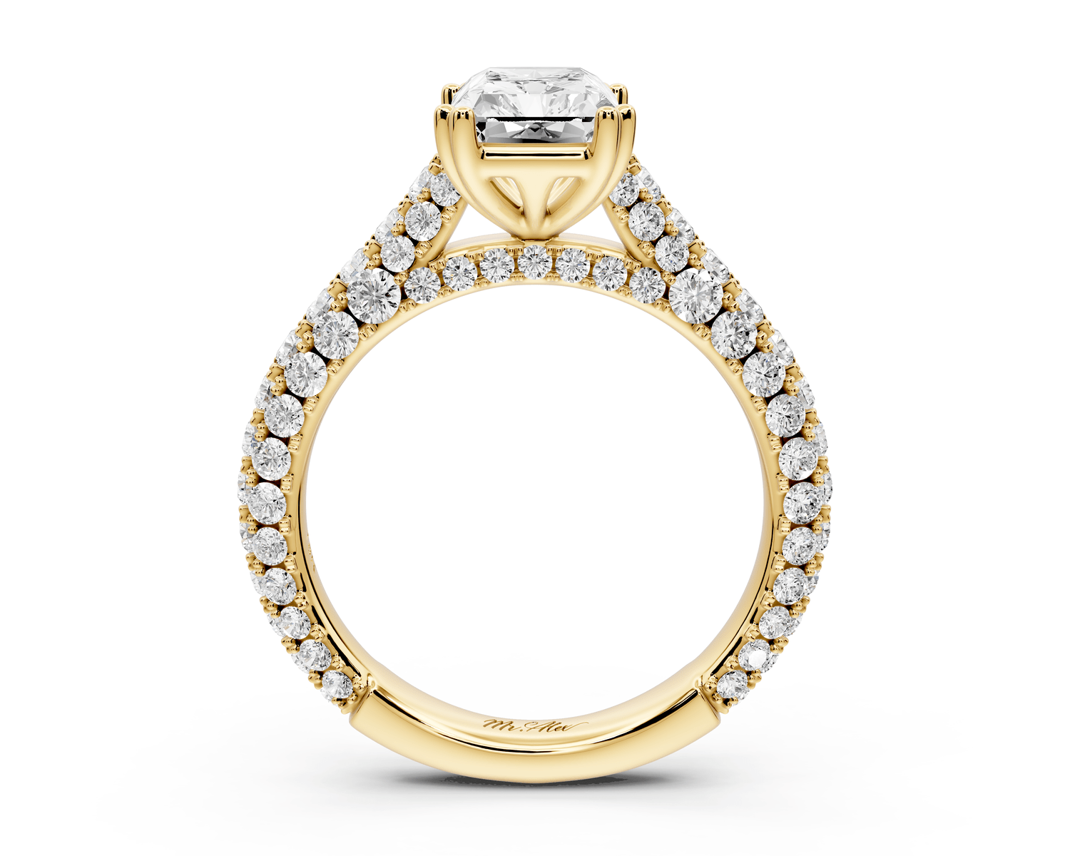 Clarissa - 2ct 18k yellow gold emerald Diamond double talon prongs with a diamond bridge rollover pave cathedral engagment ring - Mr. Alex Jewelry