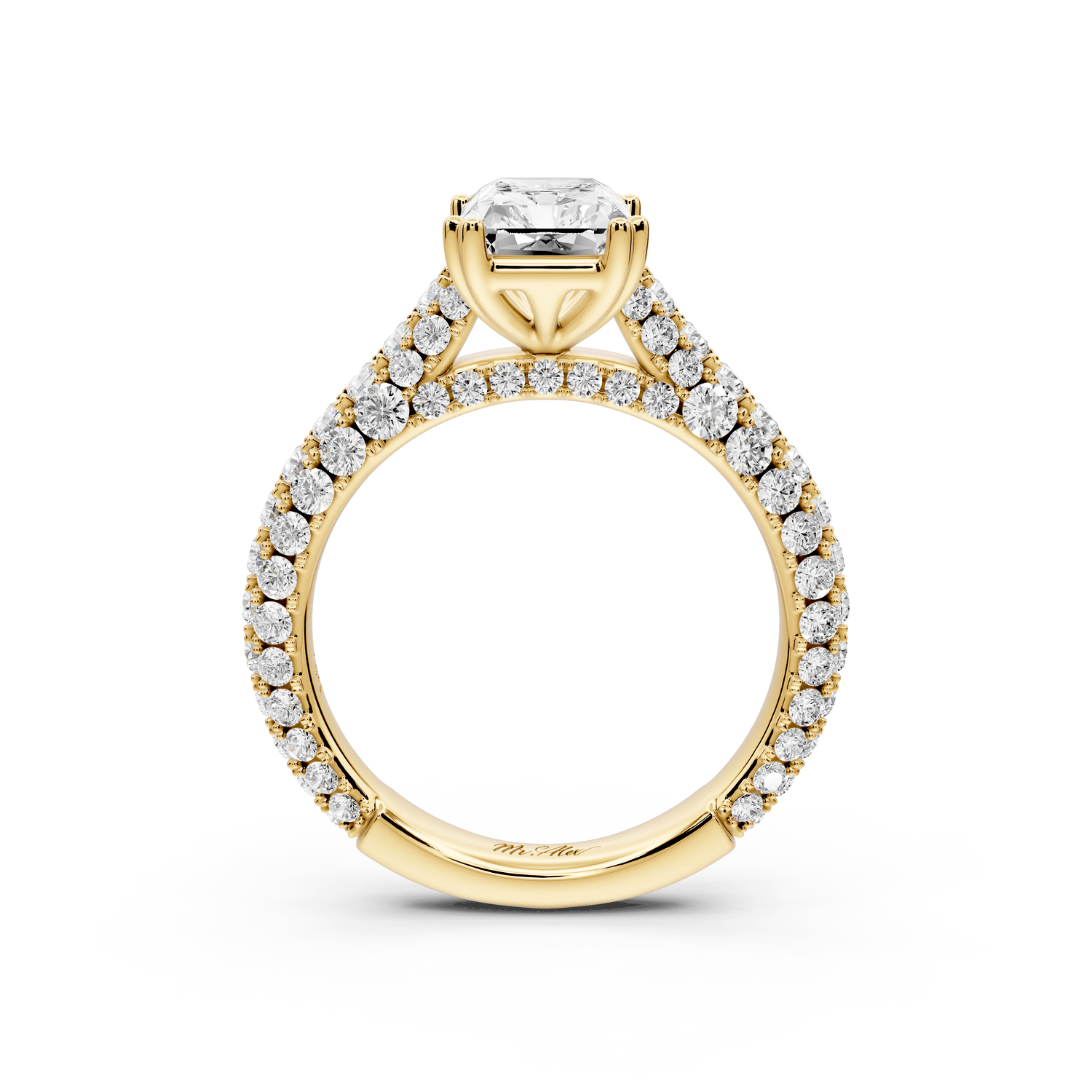 Clarissa - 2ct 18k yellow gold emerald Diamond double talon prongs with a diamond bridge rollover pave cathedral engagment ring - Mr. Alex Jewelry