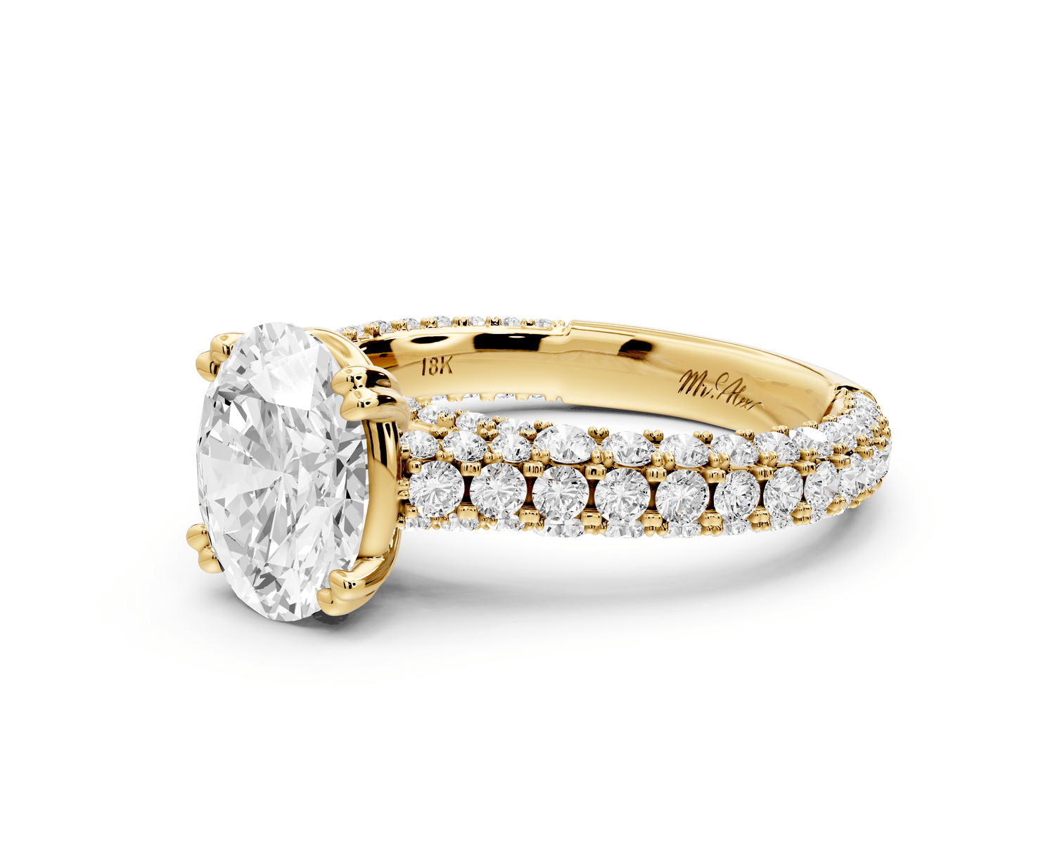 Clarissa - 2ct 18k yellow gold oval Diamond double talon prongs with a diamond bridge rollover pave cathedral engagment ring - Mr. Alex Jewelry