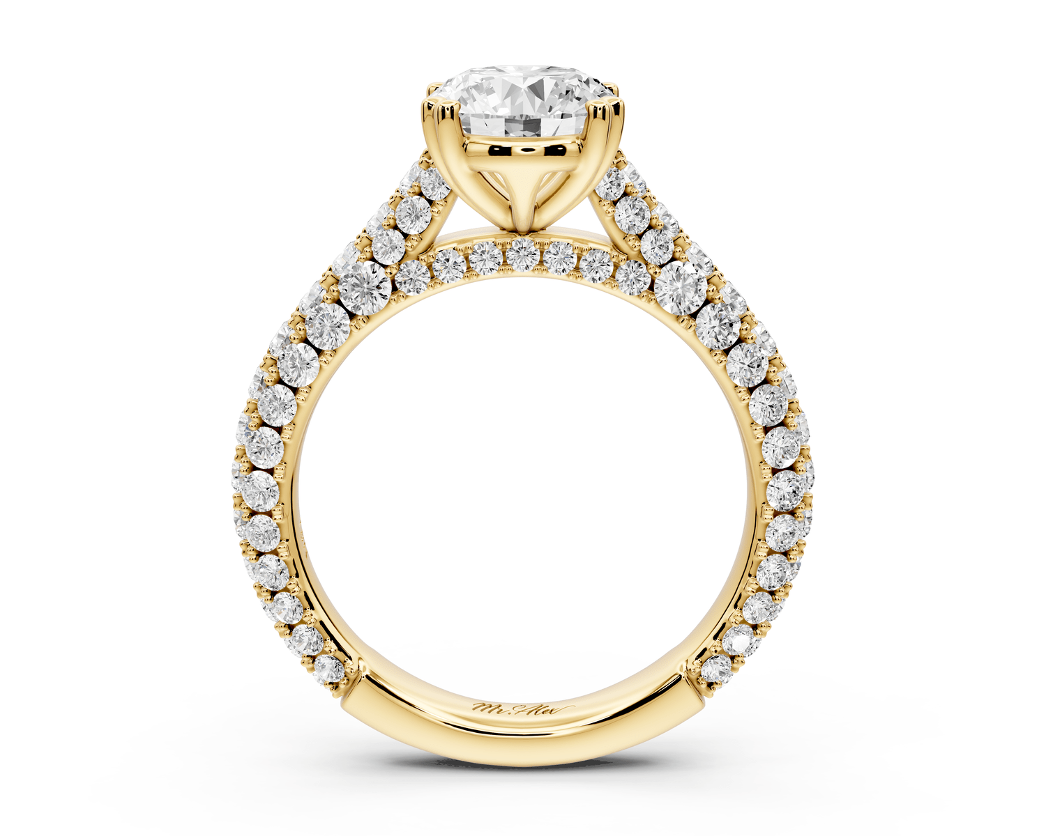 Clarissa - 2ct 18k yellow gold oval Diamond double talon prongs with a diamond bridge rollover pave cathedral engagment ring - Mr. Alex Jewelry