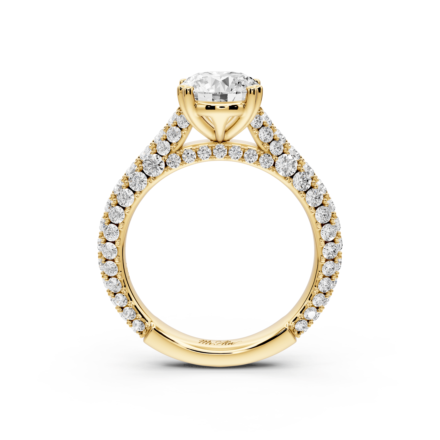 Clarissa - 2ct 18k yellow gold oval Diamond double talon prongs with a diamond bridge rollover pave cathedral engagment ring - Mr. Alex Jewelry