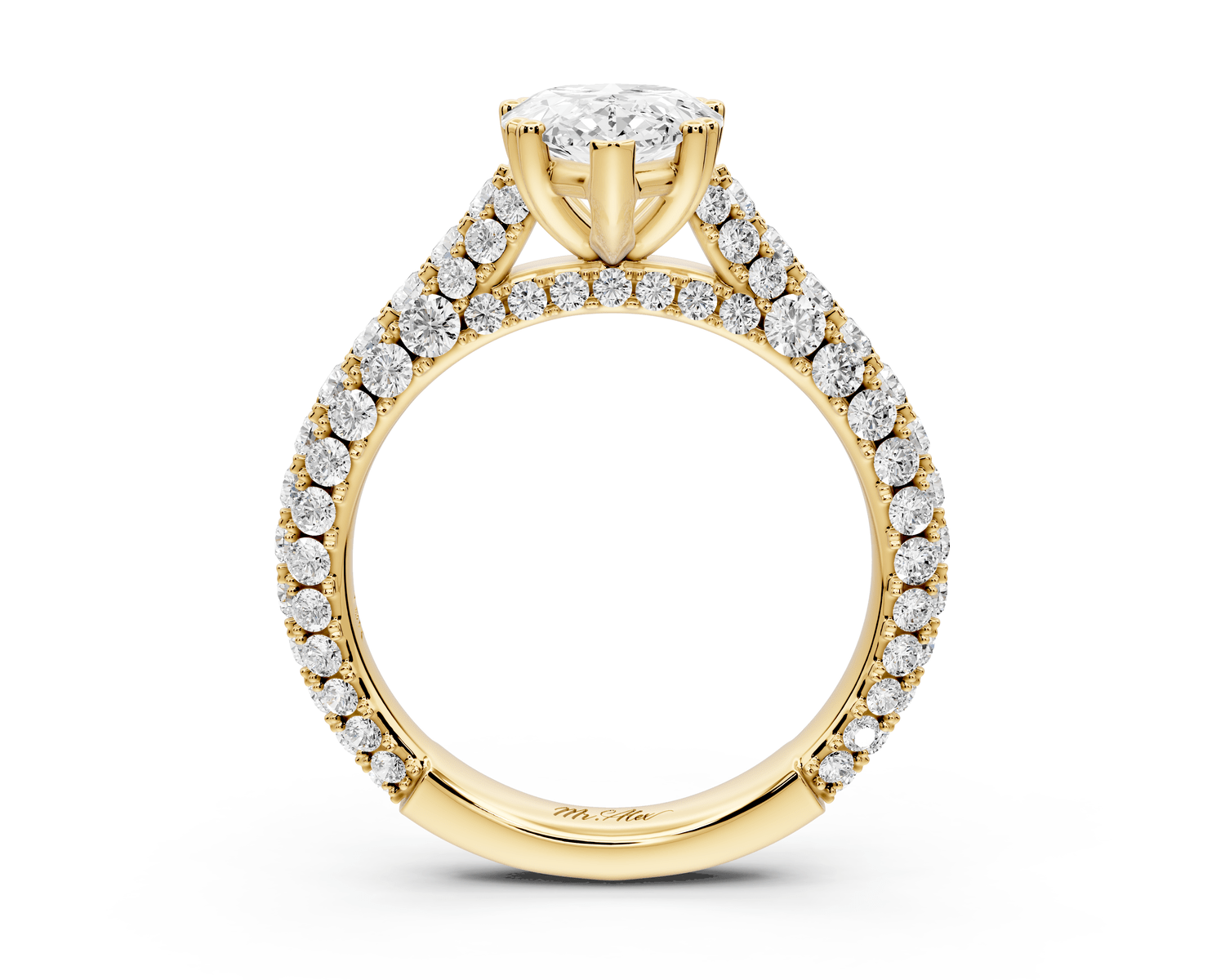 Clarissa - 2ct 18k yellow gold pear Diamond double talon prongs with a diamond bridge rollover pave cathedral engagment ring - Mr. Alex Jewelry