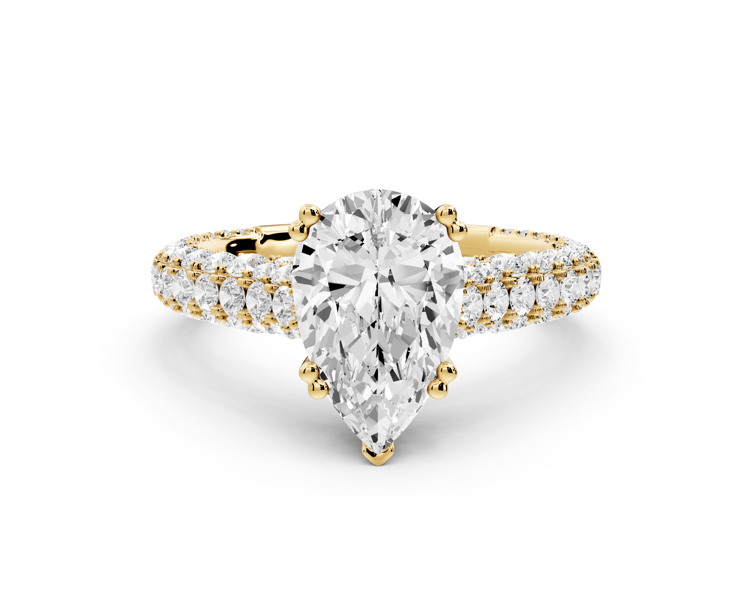 Clarissa - 2ct 18k yellow gold pear Diamond double talon prongs with a diamond bridge rollover pave cathedral engagment ring - Mr. Alex Jewelry