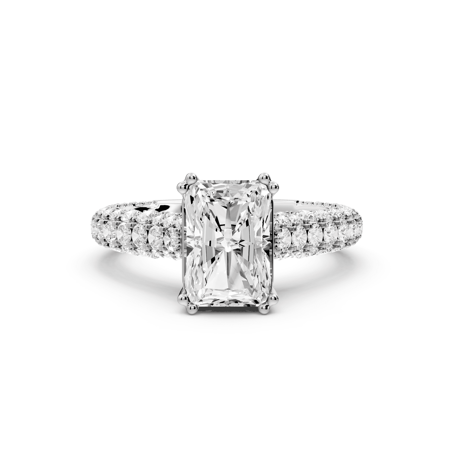 Clarissa - 2ct platinum emerald Diamond double talon prongs with a diamond bridge rollover pave cathedral engagment ring - Mr. Alex Jewelry