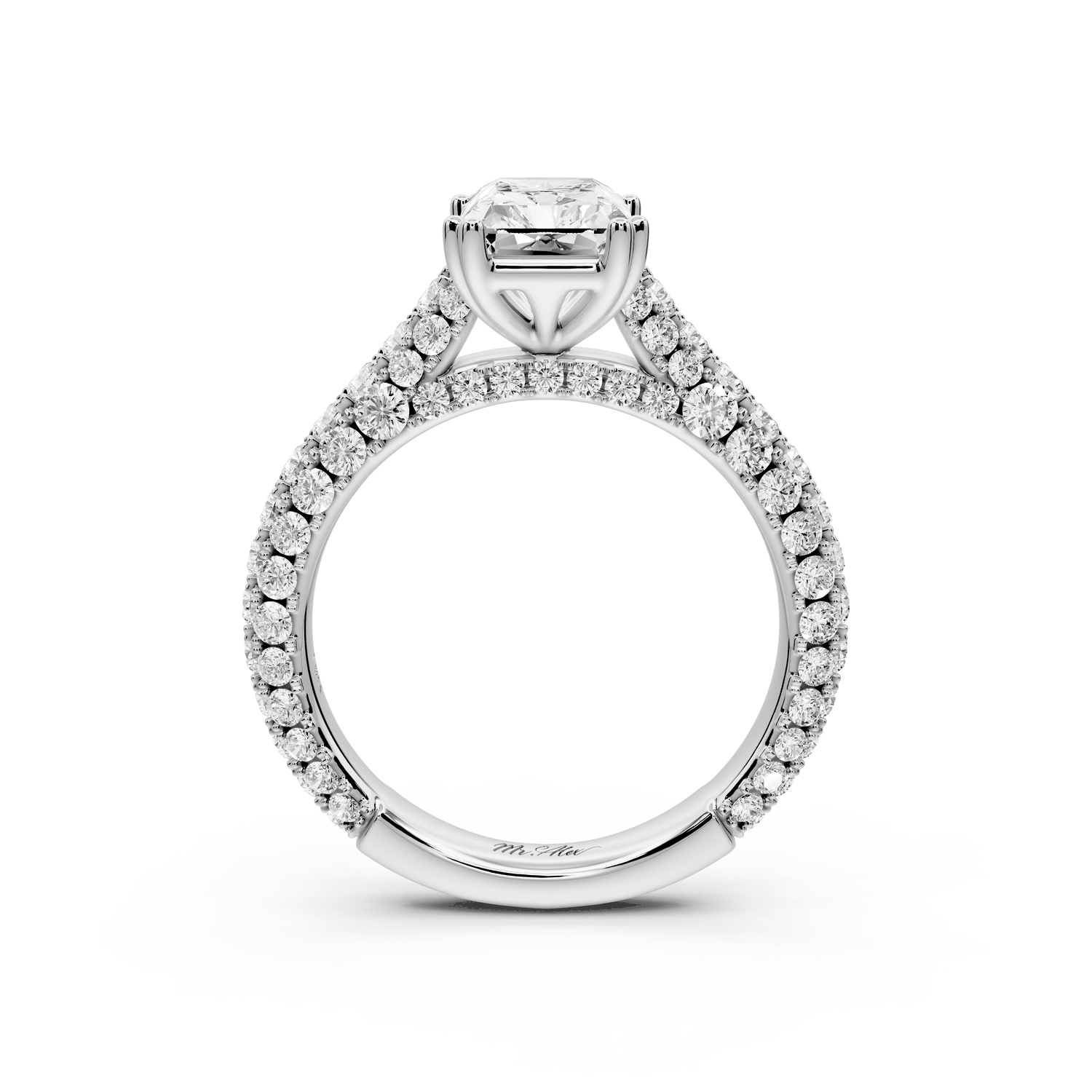 Clarissa - 2ct platinum emerald Diamond double talon prongs with a diamond bridge rollover pave cathedral engagment ring - Mr. Alex Jewelry