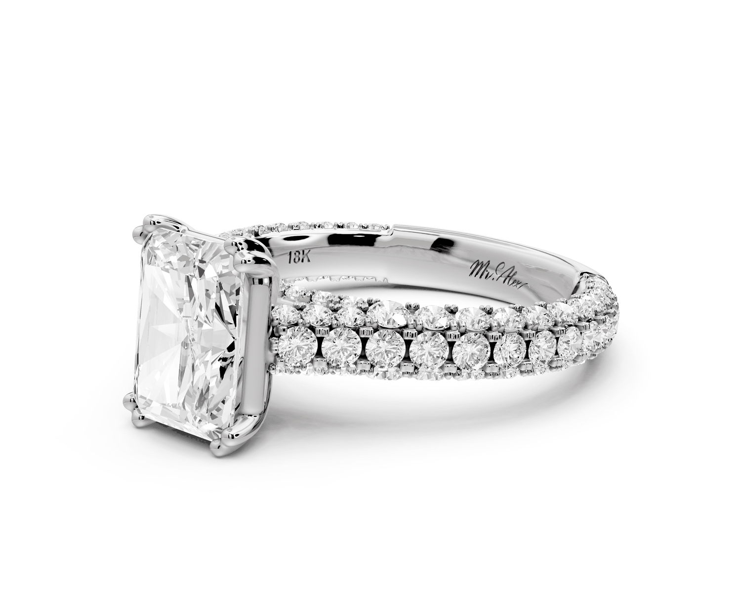 Clarissa - 2ct platinum emerald Diamond double talon prongs with a diamond bridge rollover pave cathedral engagment ring - Mr. Alex Jewelry