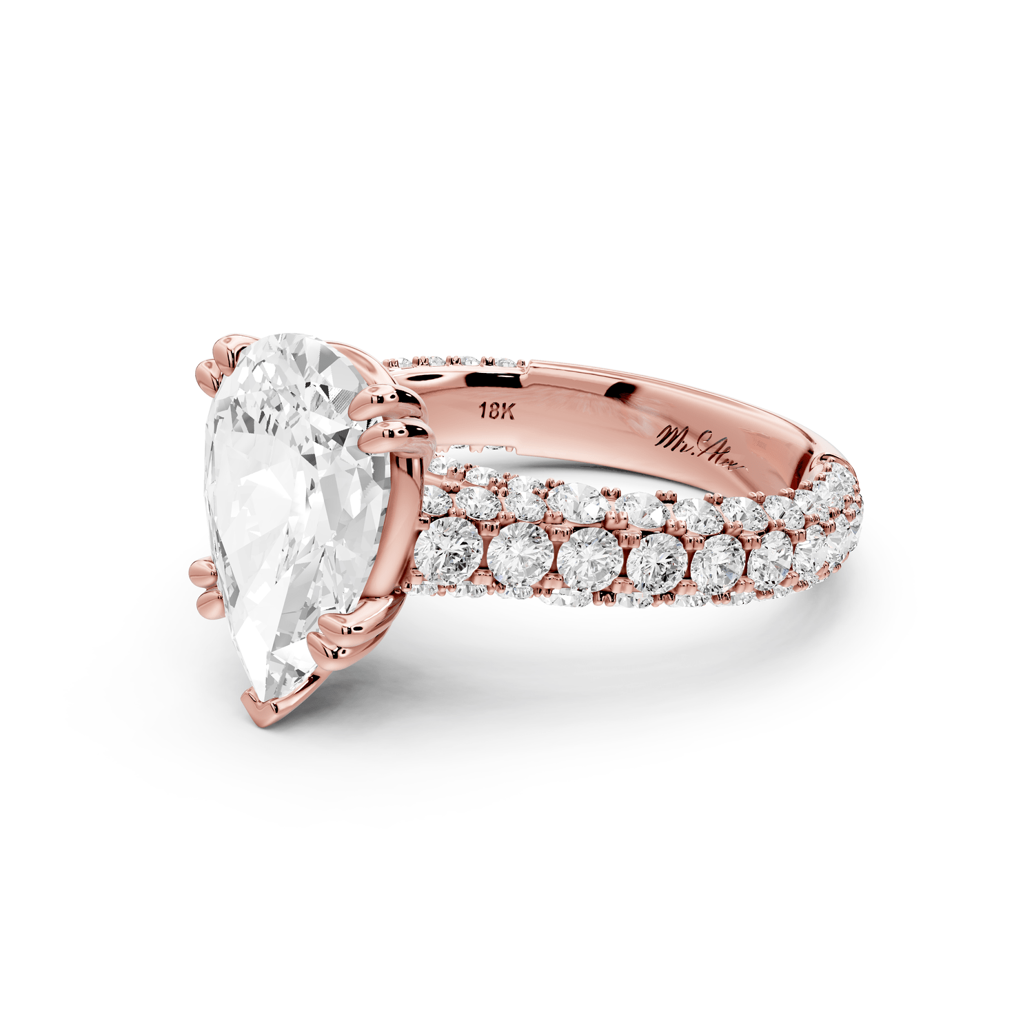 Clarissa - 3ct 14k rose gold pear Diamond double talon prongs with a diamond bridge rollover pave cathedral engagment ring - Mr. Alex Jewelry