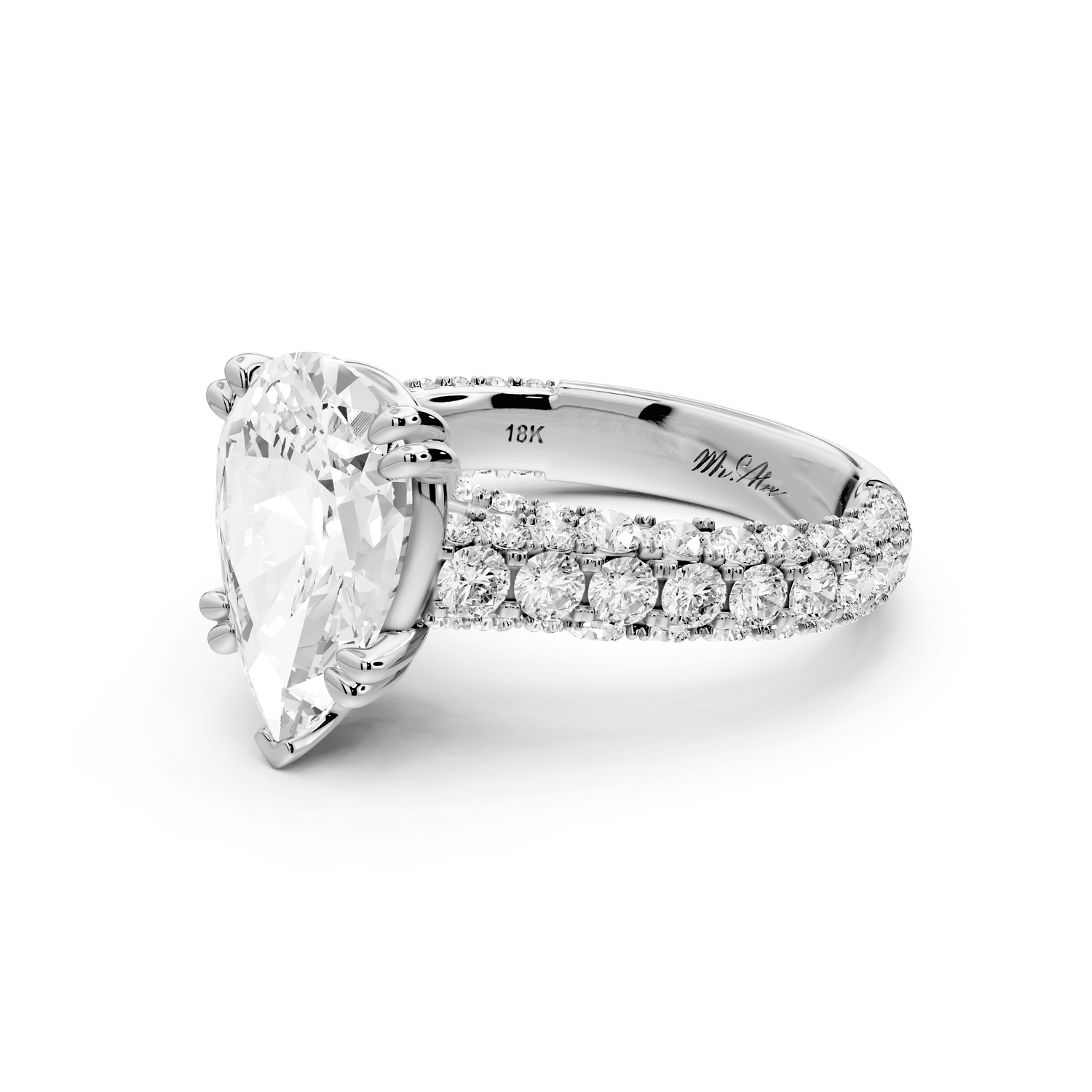 Clarissa - 3ct 14k white gold pear Diamond double talon prongs with a diamond bridge rollover pave cathedral engagment ring - Mr. Alex Jewelry