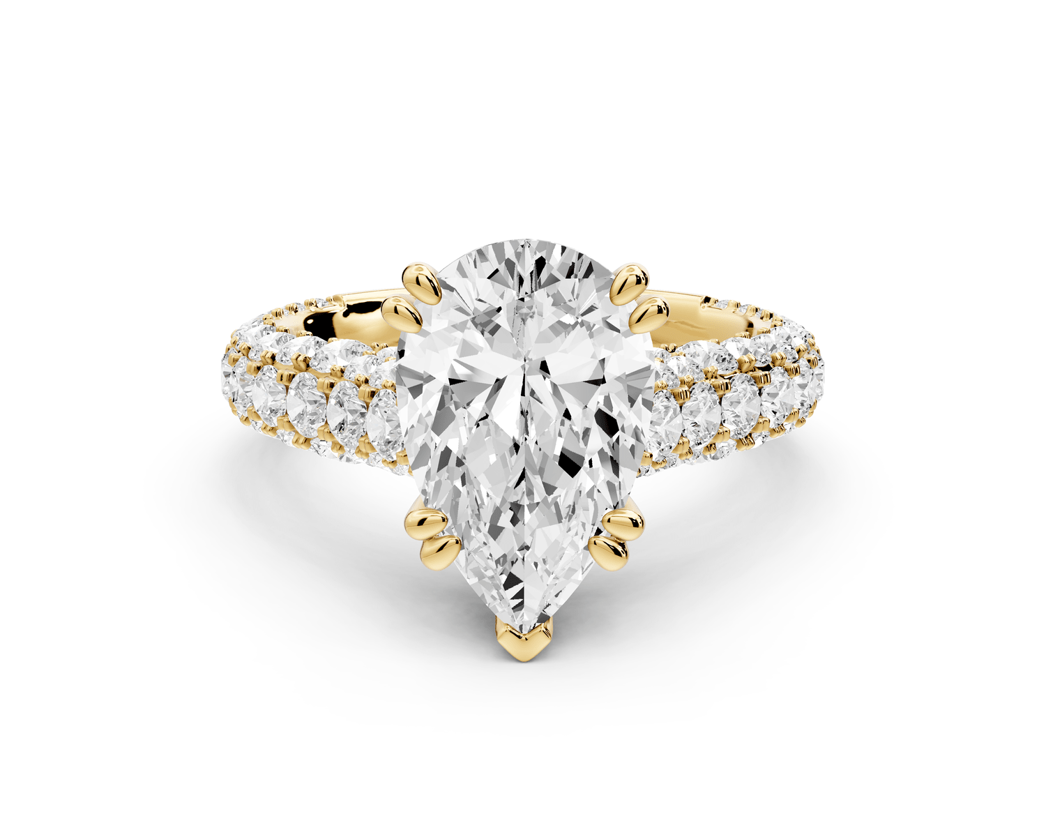 Clarissa - 3ct 14k yellow gold pear Diamond double talon prongs with a diamond bridge rollover pave cathedral engagment ring - Mr. Alex Jewelry