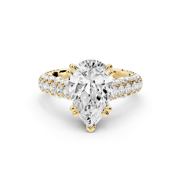 Clarissa - 3ct 14k yellow gold pear Diamond double talon prongs with a diamond bridge rollover pave cathedral engagment ring - Mr. Alex Jewelry